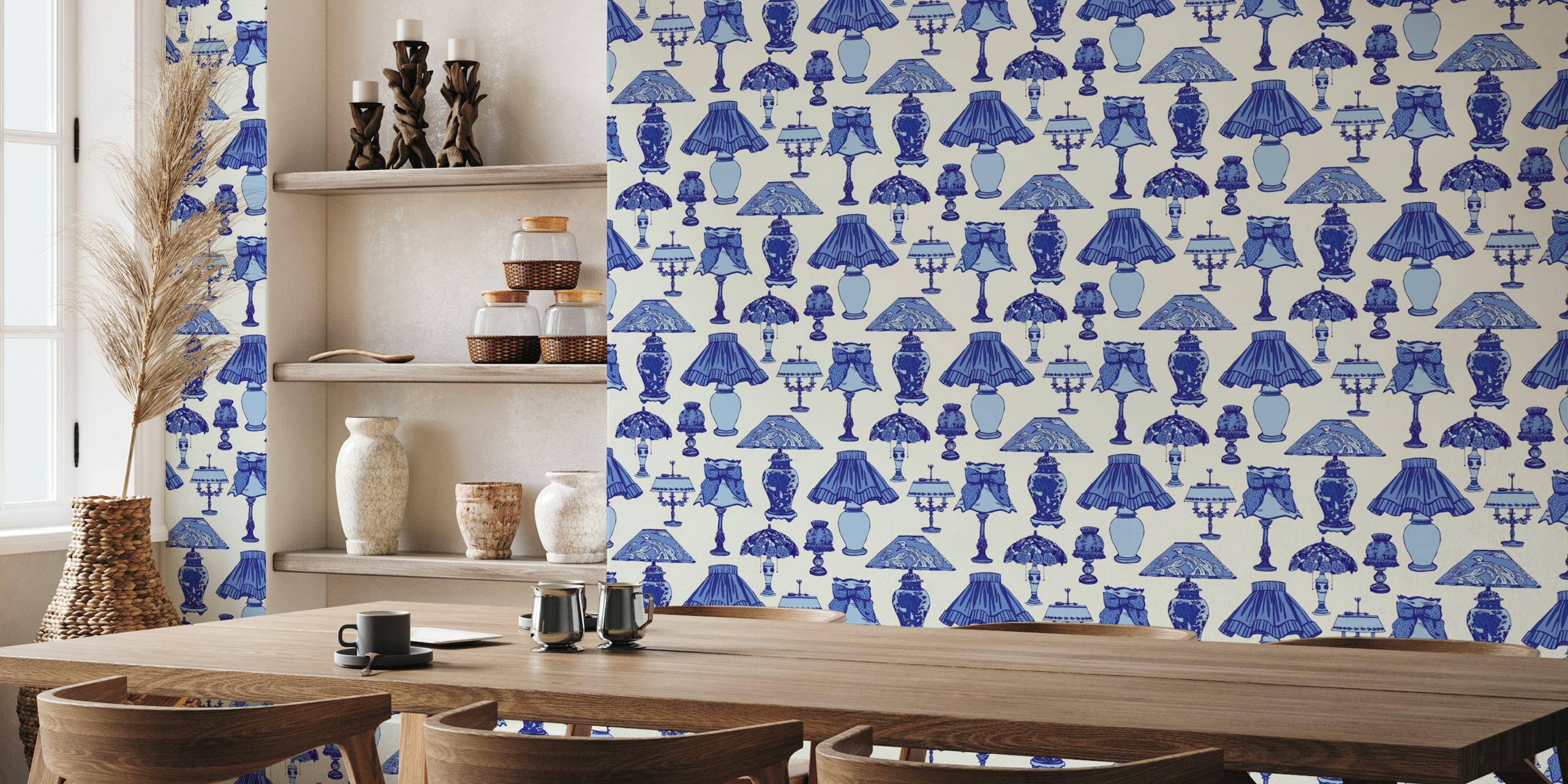 Ornamental lamps and lampshades for kitchen blue delft on white smoke wallpaper