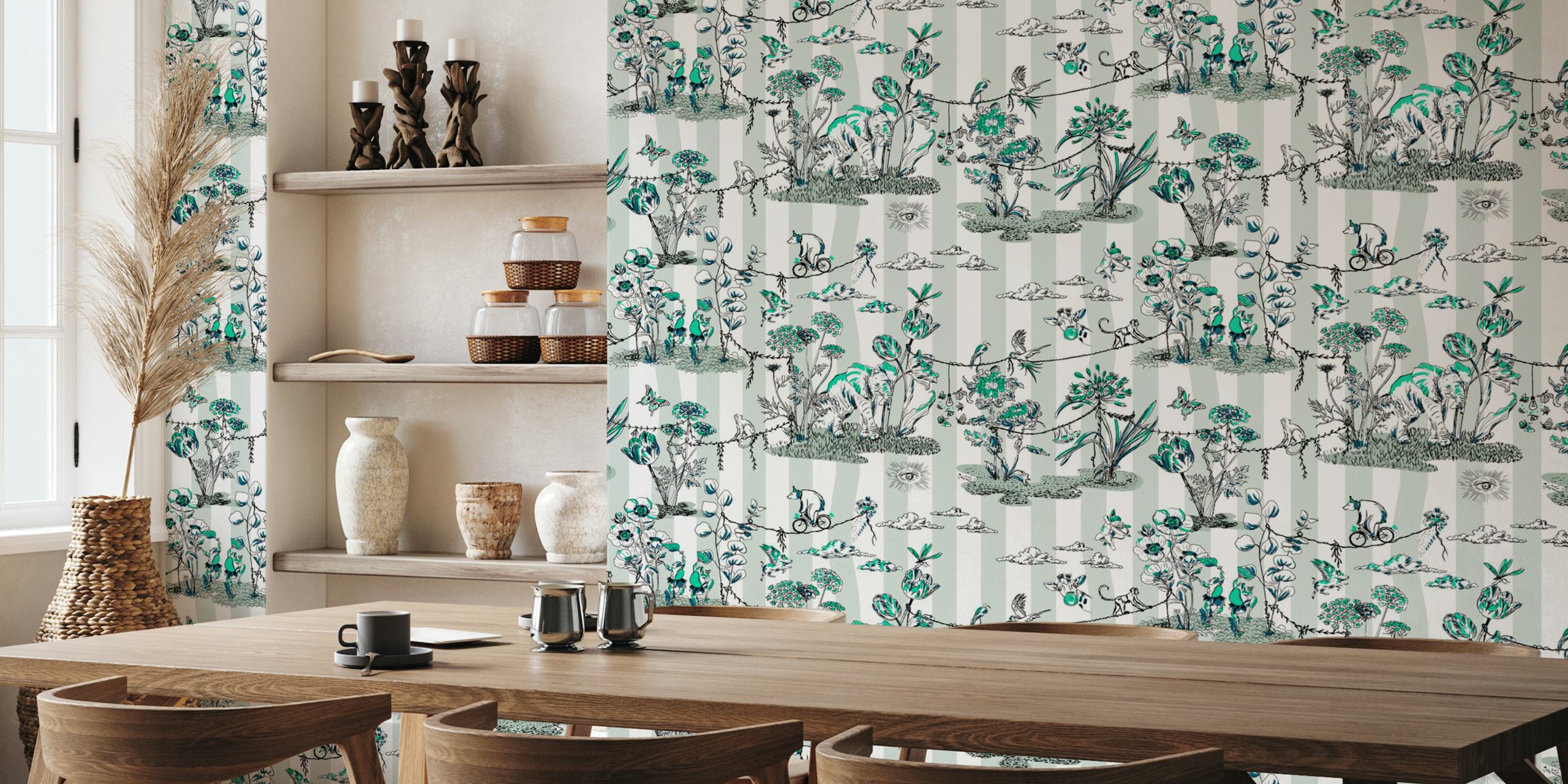 Tropical jungle scene with animals and plants in blue and green wallpaper