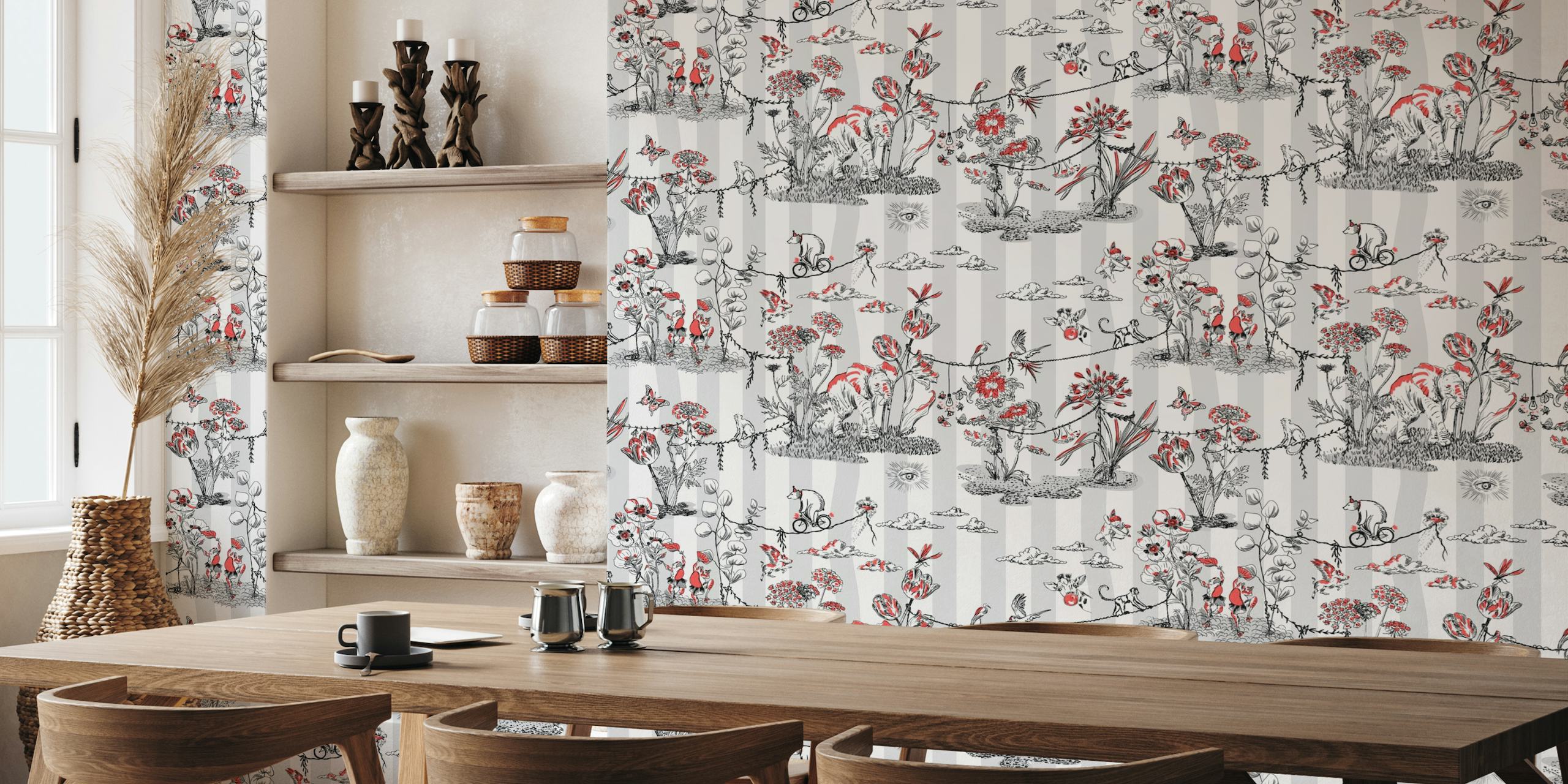 Whimsical Jungel Party light gray raspberry red - L wallpaper