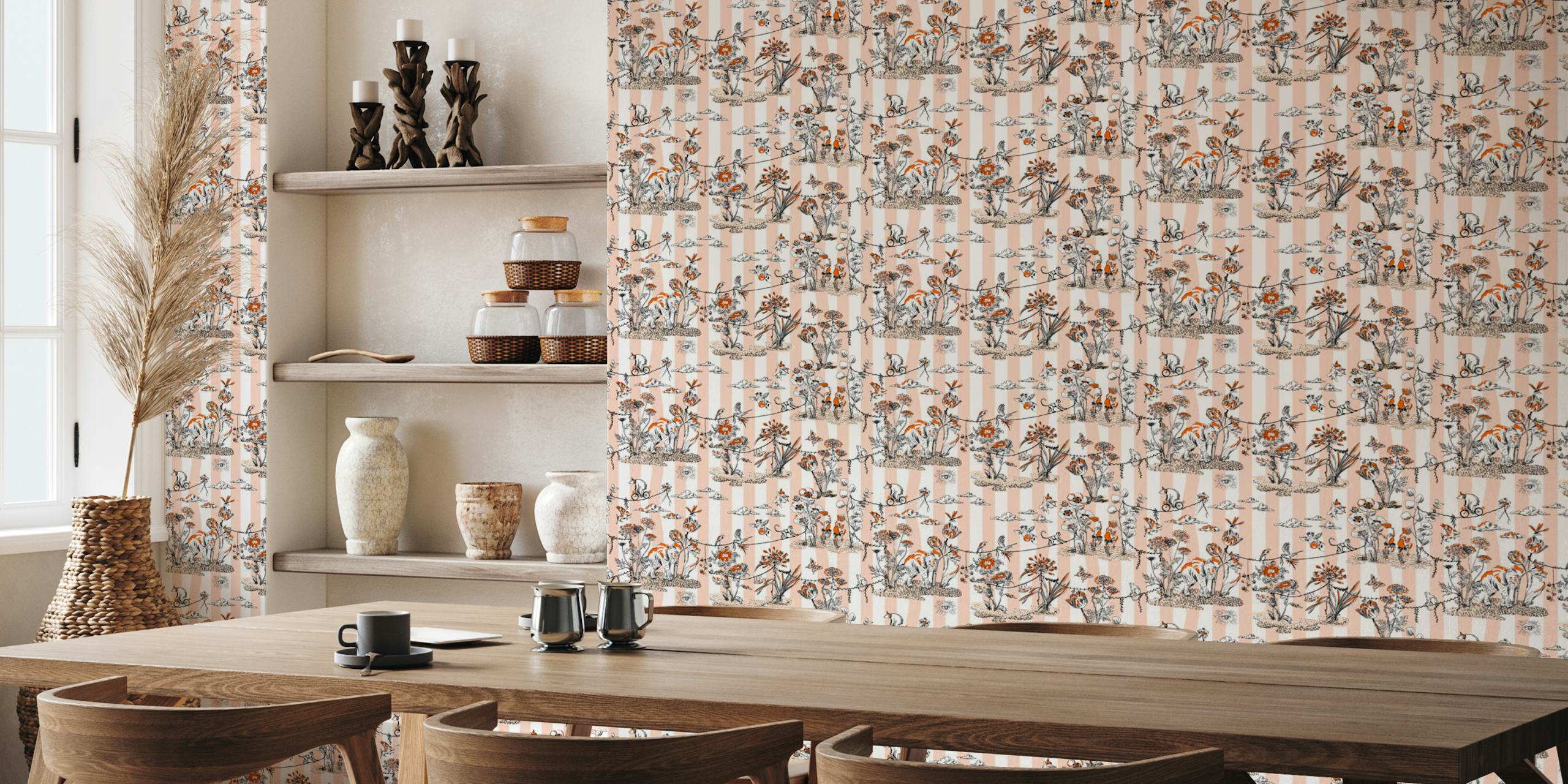 Whimsical Jungle Party Tangerine wall mural with playful animals and botanical patterns