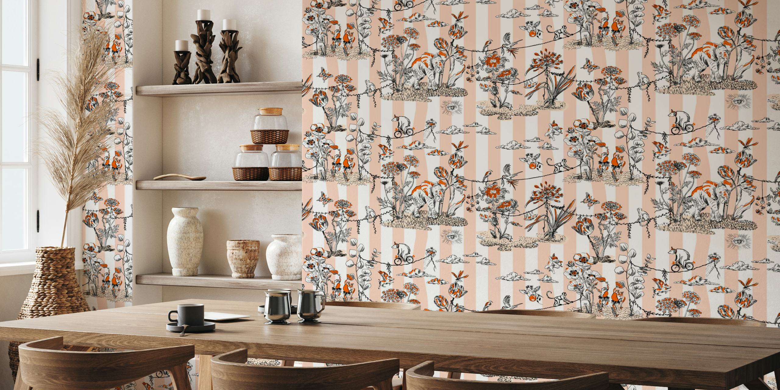 Whimsical jungle scene with animals and flowers in orange and white wallpaper