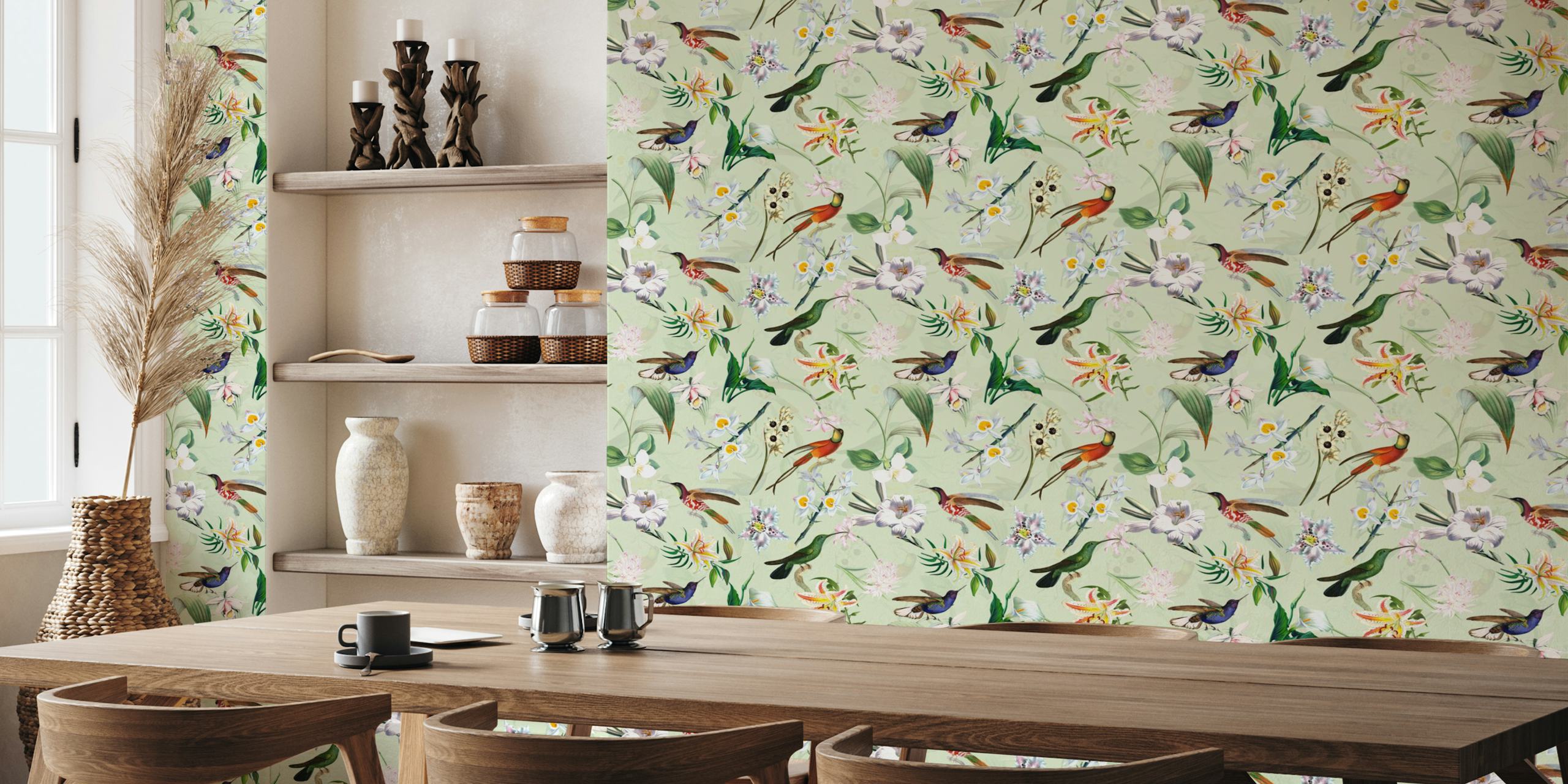 Tropical hummingbirds and flowers in pastel colors wallpaper