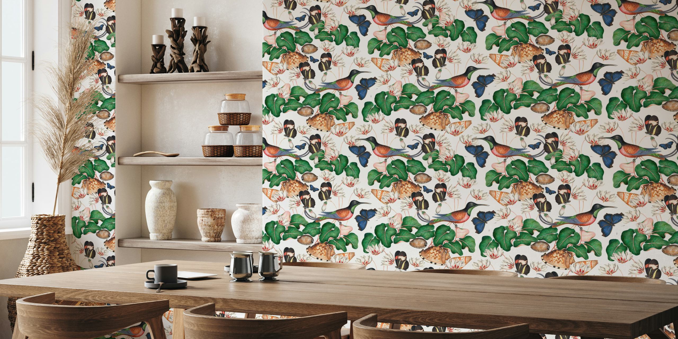 Exotic vintage wall mural featuring hummingbirds and jungle flora
