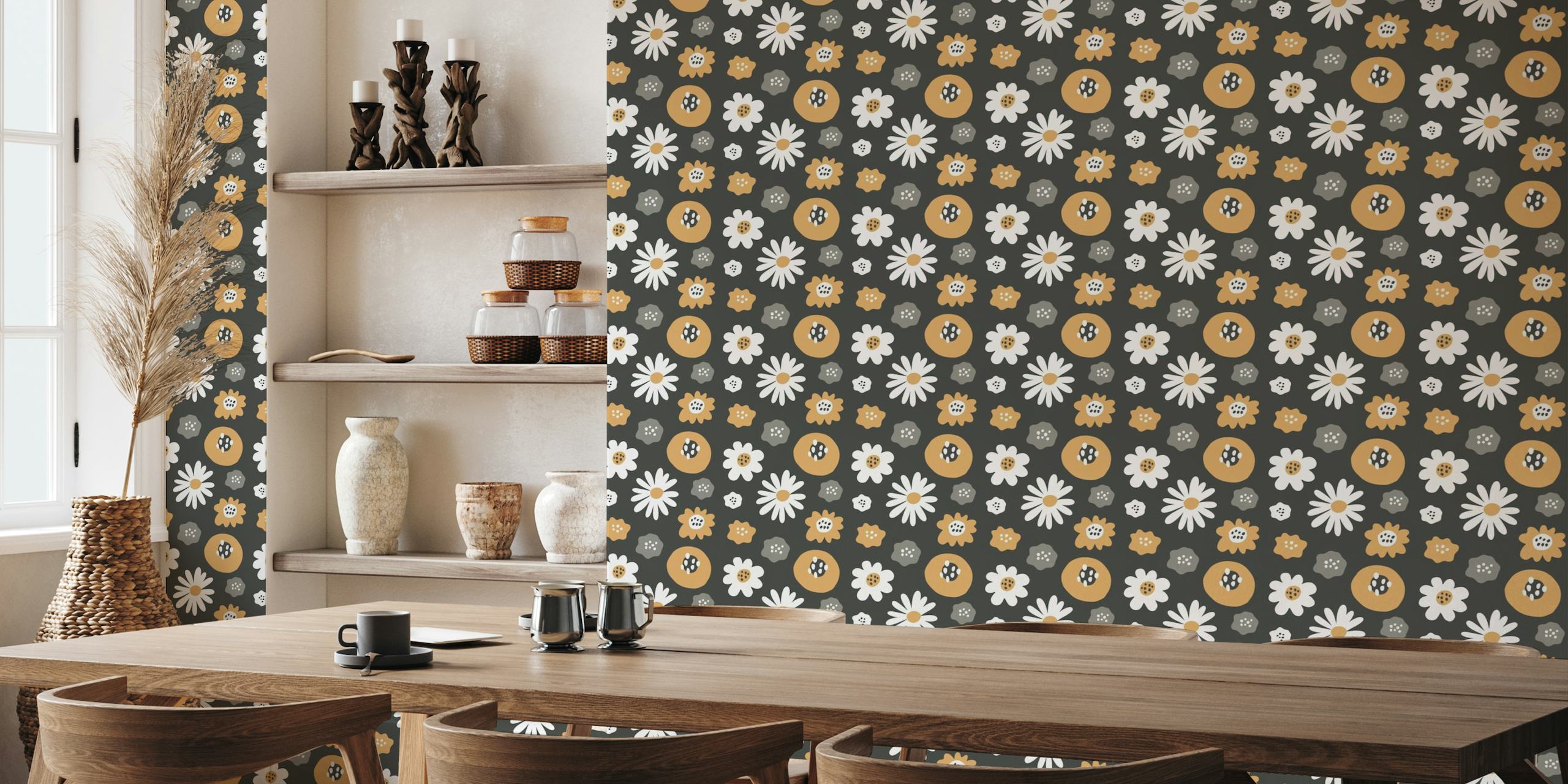 Stylized retro-patterned wall mural with autumn flowers in cream, ochre, and gray on a dark background