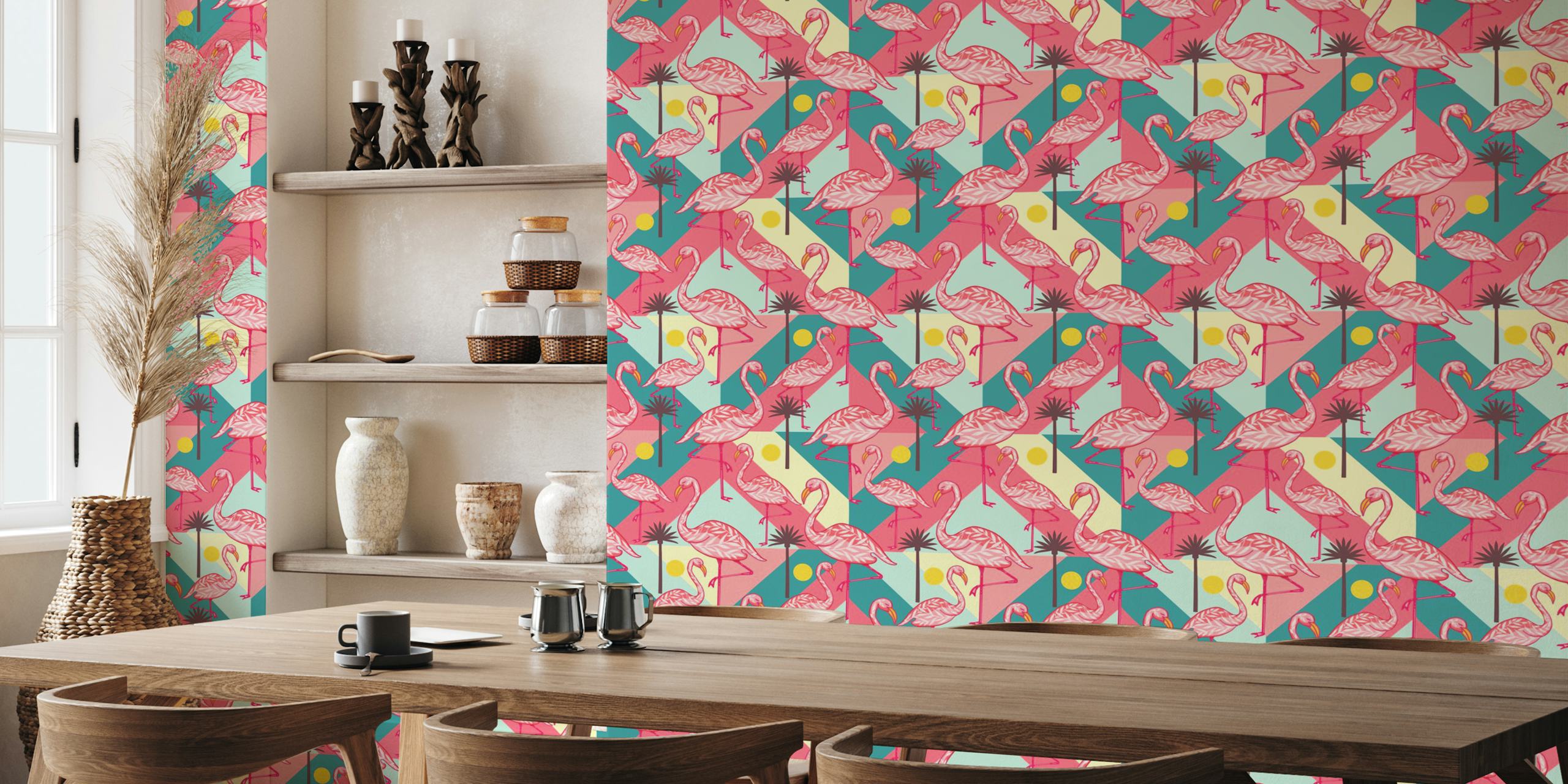 Carta da parati Retro tropical flamingo in una stanza