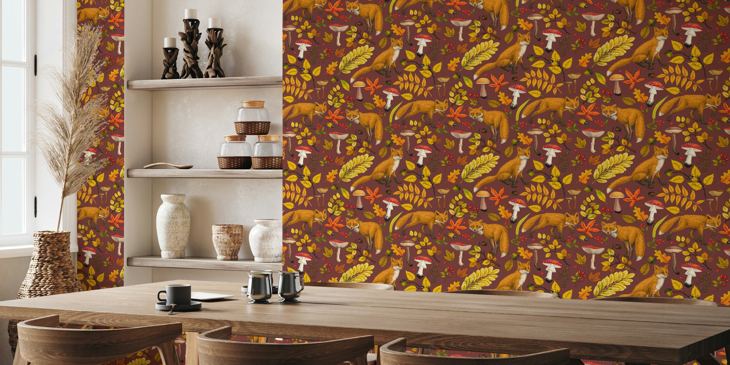 Foxes, mushrooms, and autumn leaves on chocolate brown wallpaper