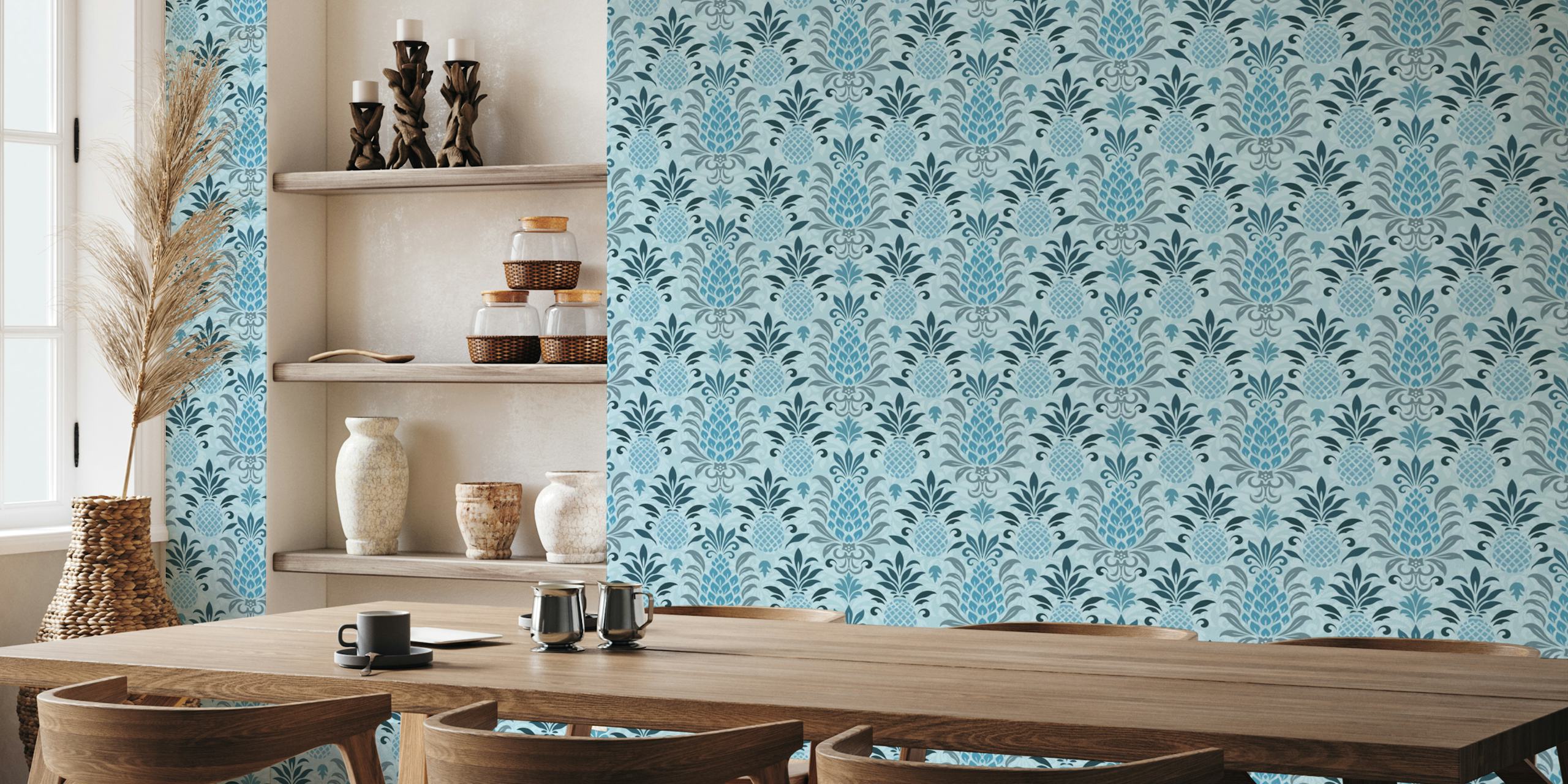 Teal blue pineapple damask wallpaper