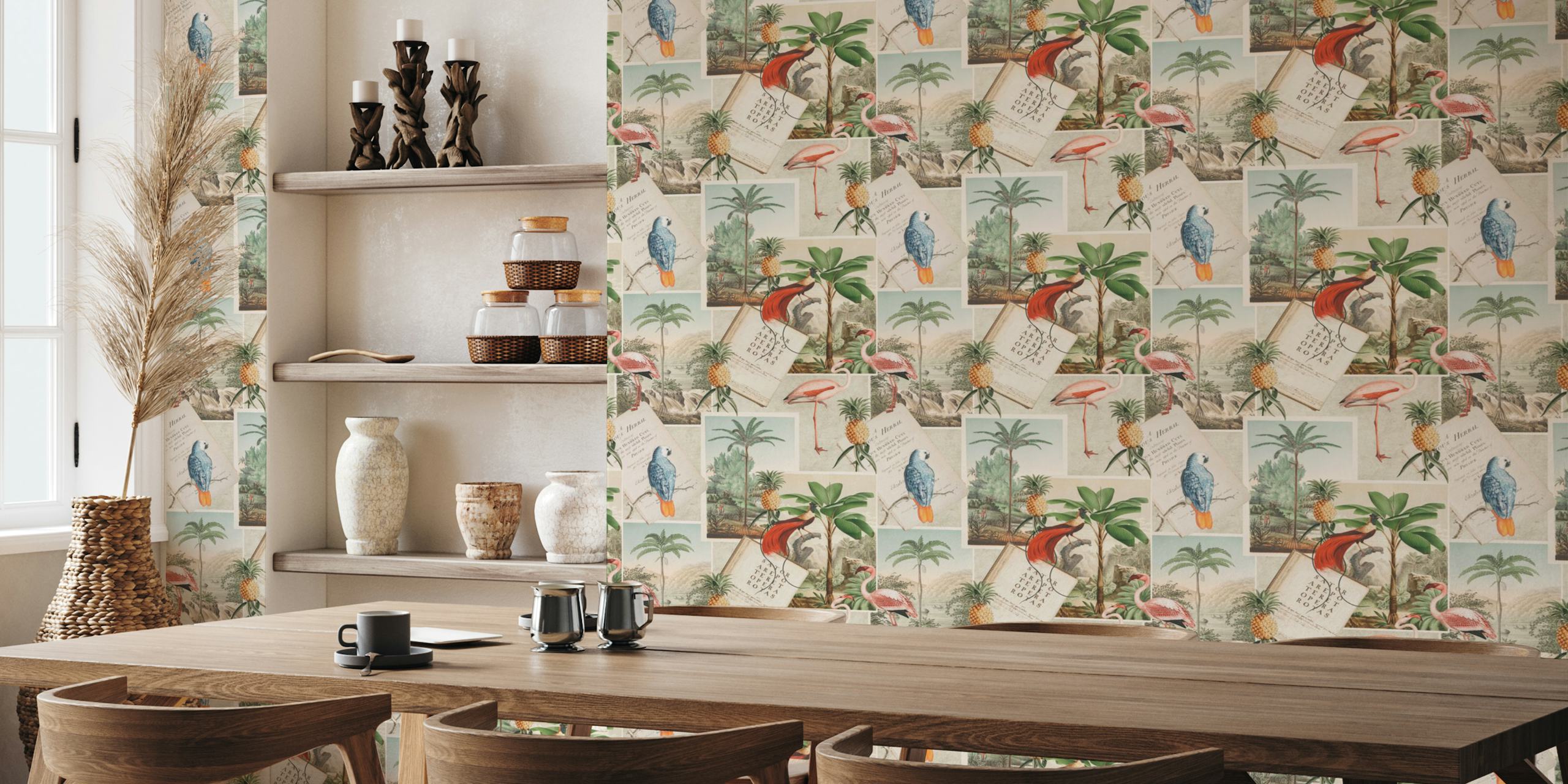 Vintage botanical collage wallpaper w pokoju