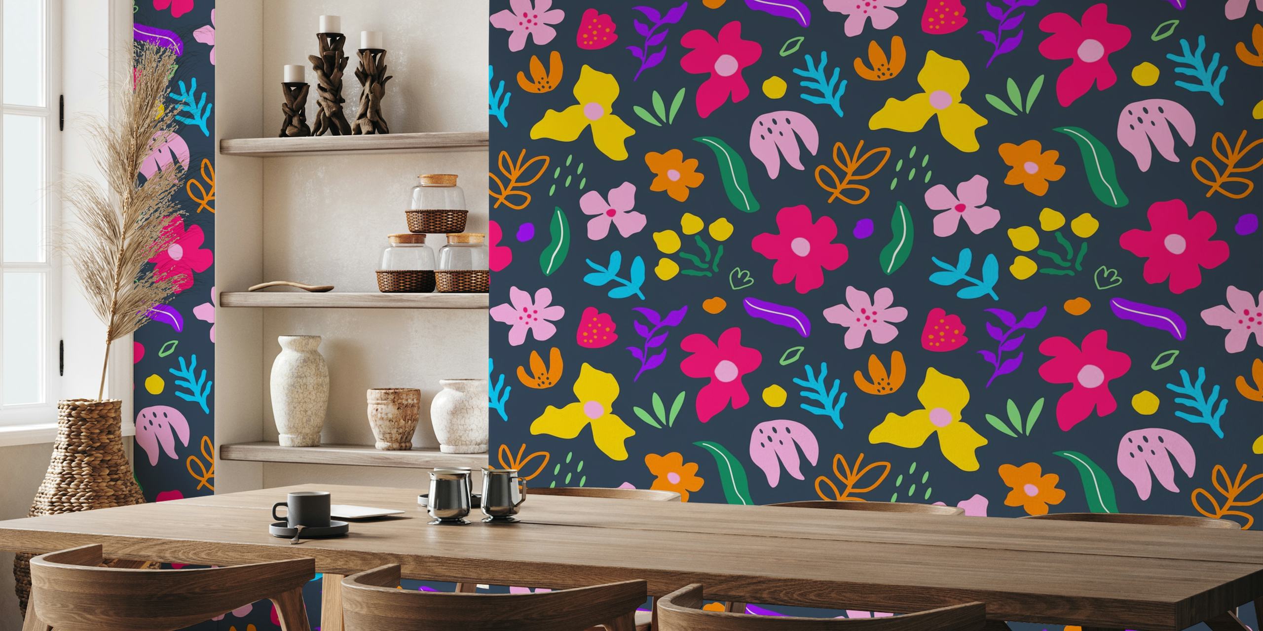 Farverigt abstrakt blomstermønster på et marineblåt baggrundsvægmaleri