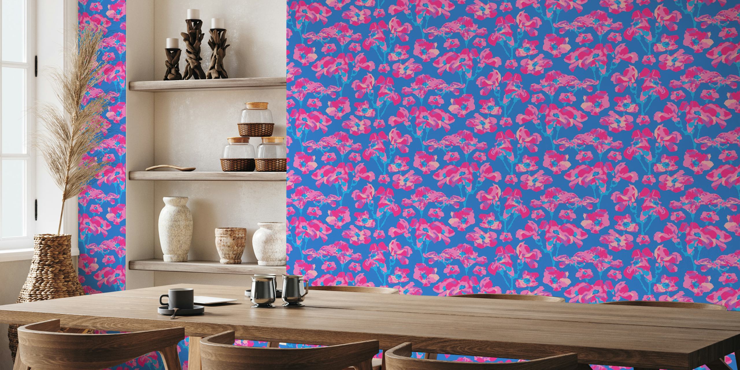 Pink and blue wild roses floral pattern wallpaper