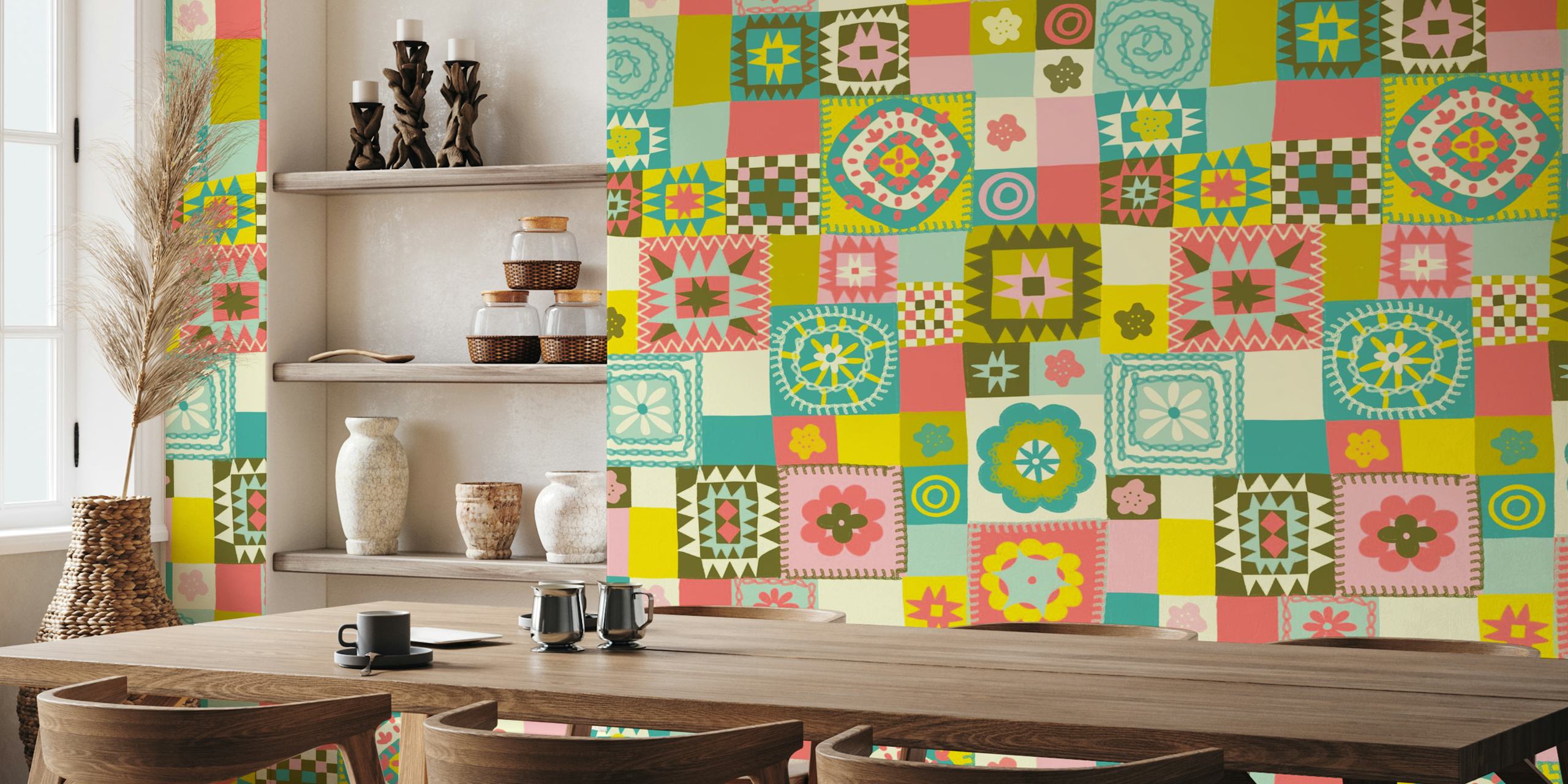 Patchwork granny crochet tapet i et rom