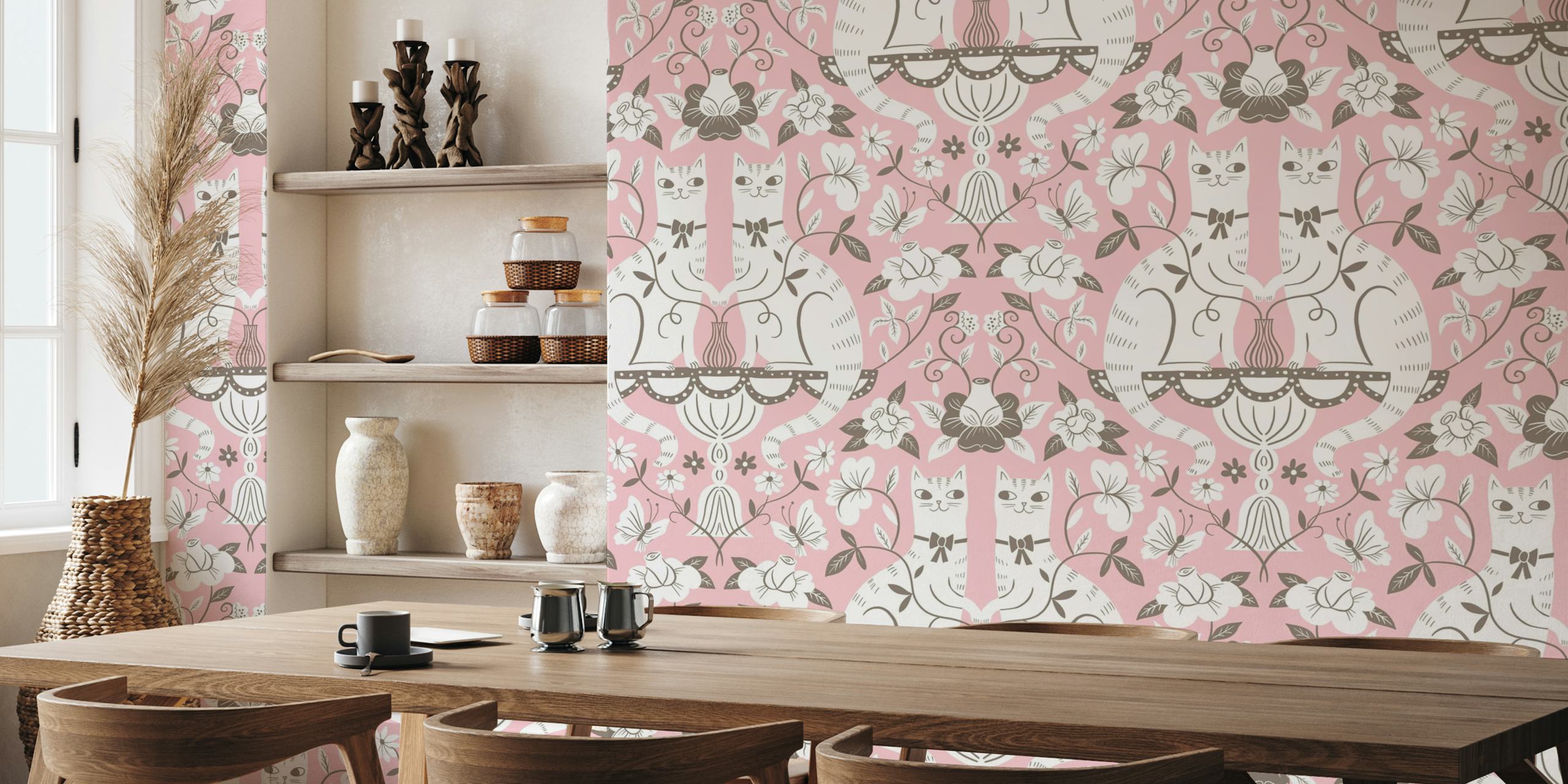 Damask romantic cats wallpaper in a room