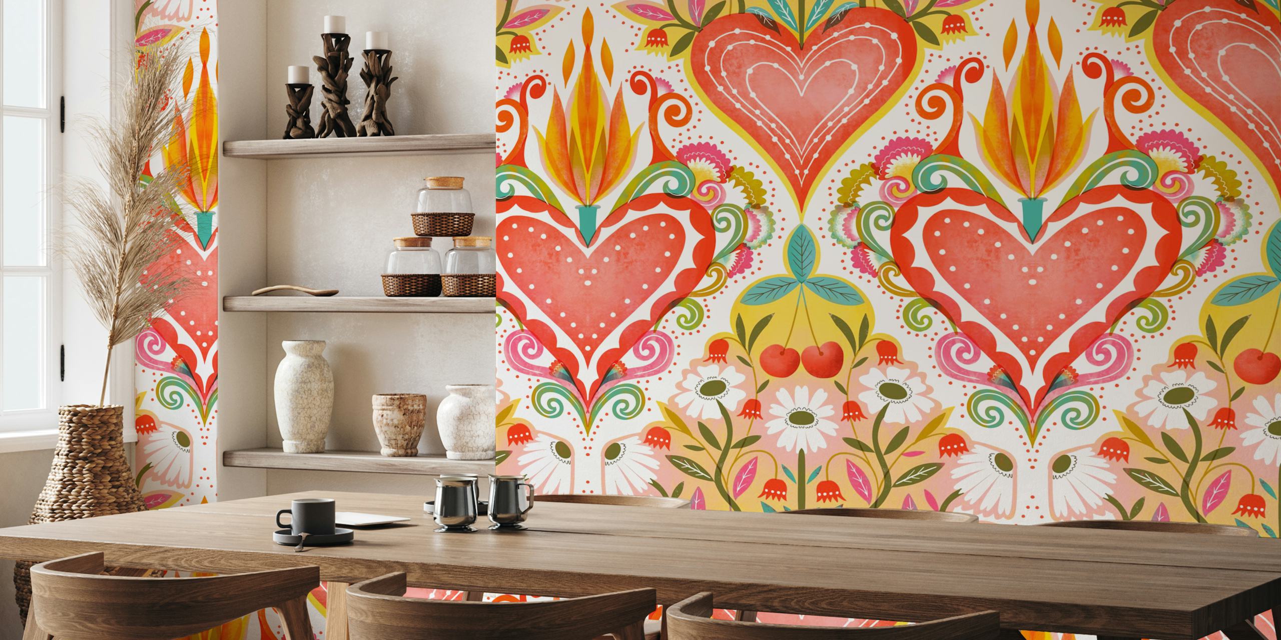 Colorful floral heart design in red, yellow, and green wallpaper