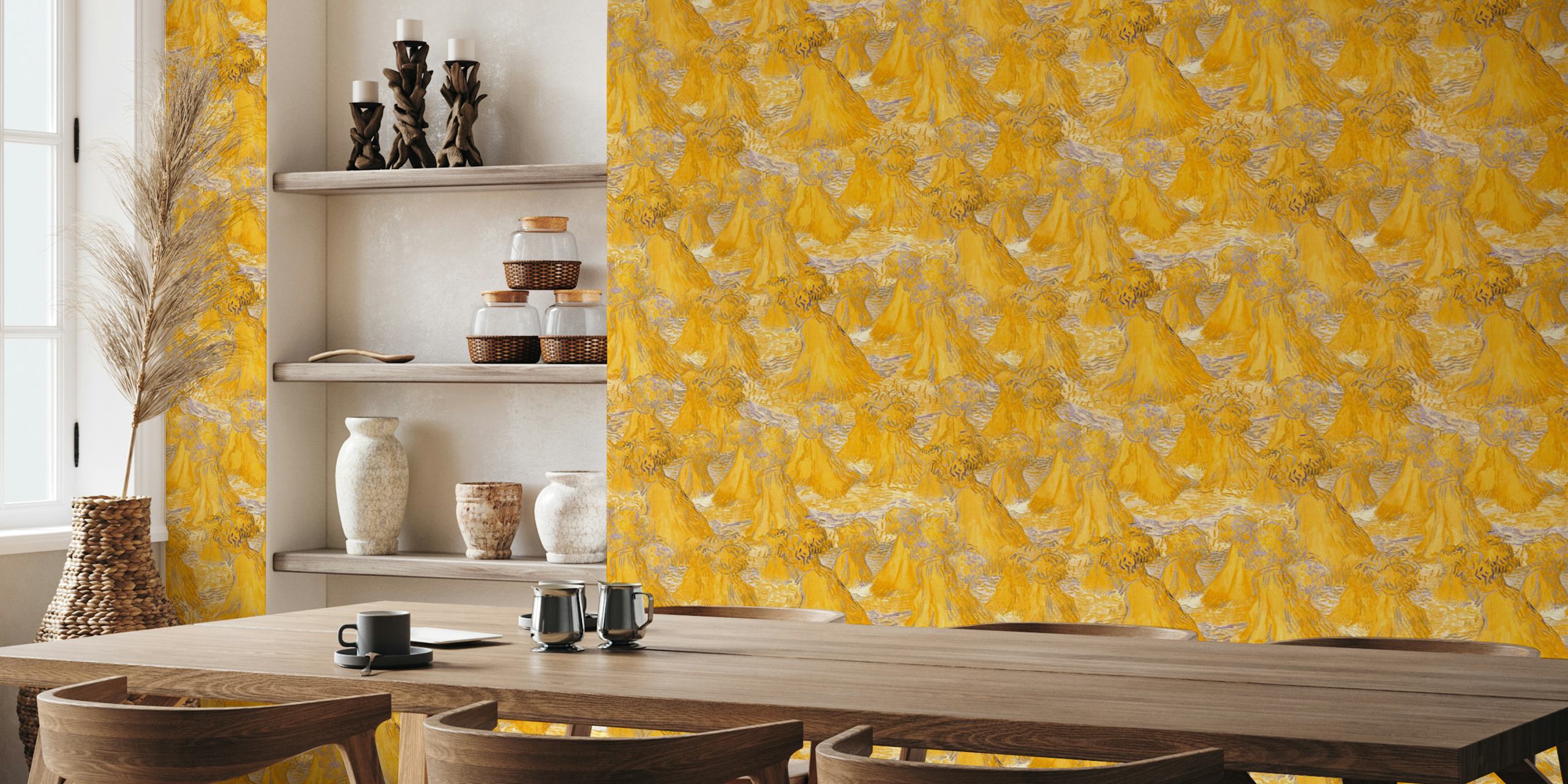 Yellow wheat sheaves pattern with purple highlights wallpaper