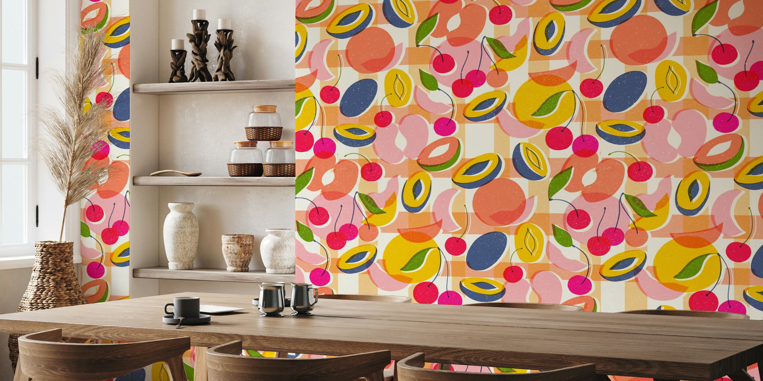 Colorful fruit shapes and patterns in pink, yellow, and green wallpaper