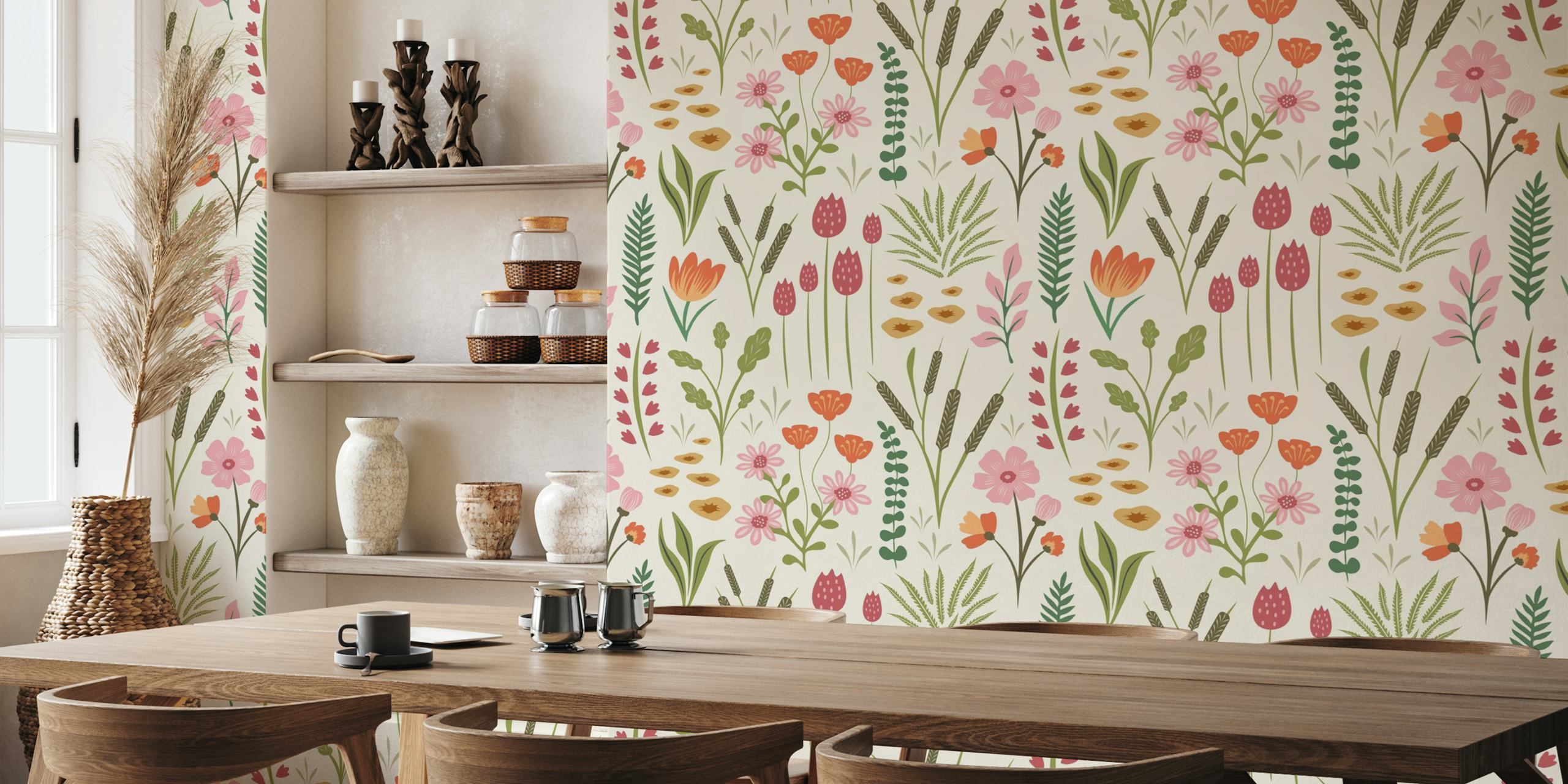 Illustrative wall mural of an array of wildflowers in pastel colors