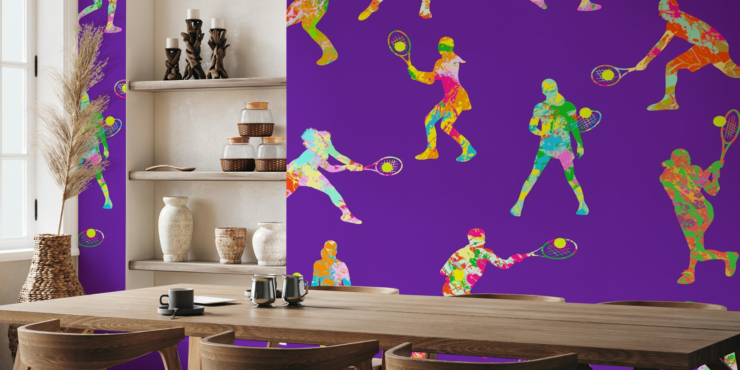 Colorful tennis players pattern wall mural on a purple background