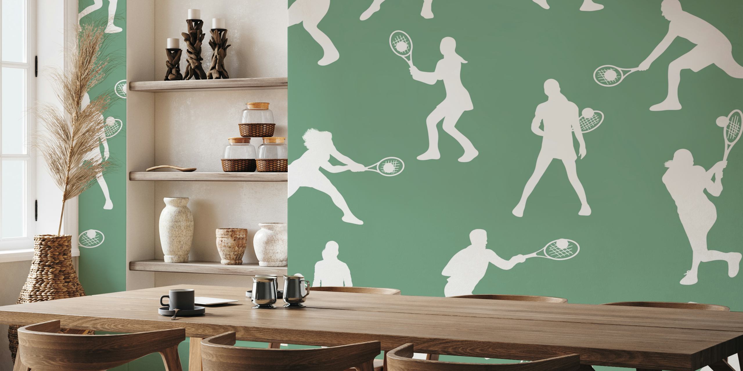 Silhouettes of tennis players in various poses on a green background wall mural