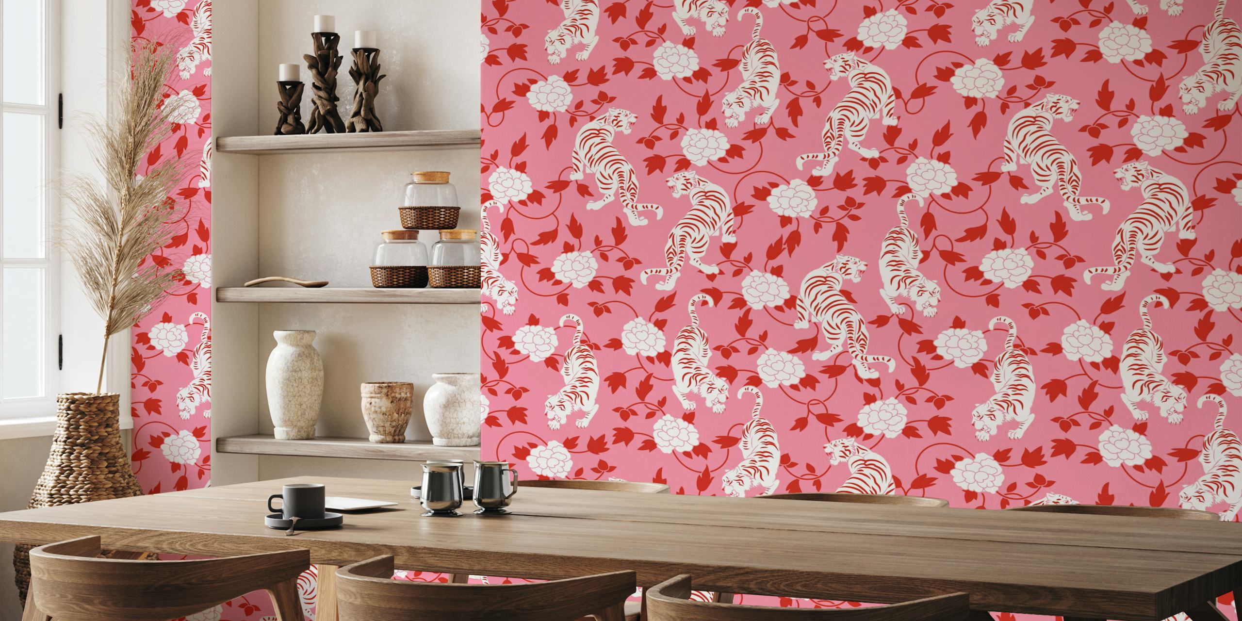 White tigers and red florals on pink background wallpaper