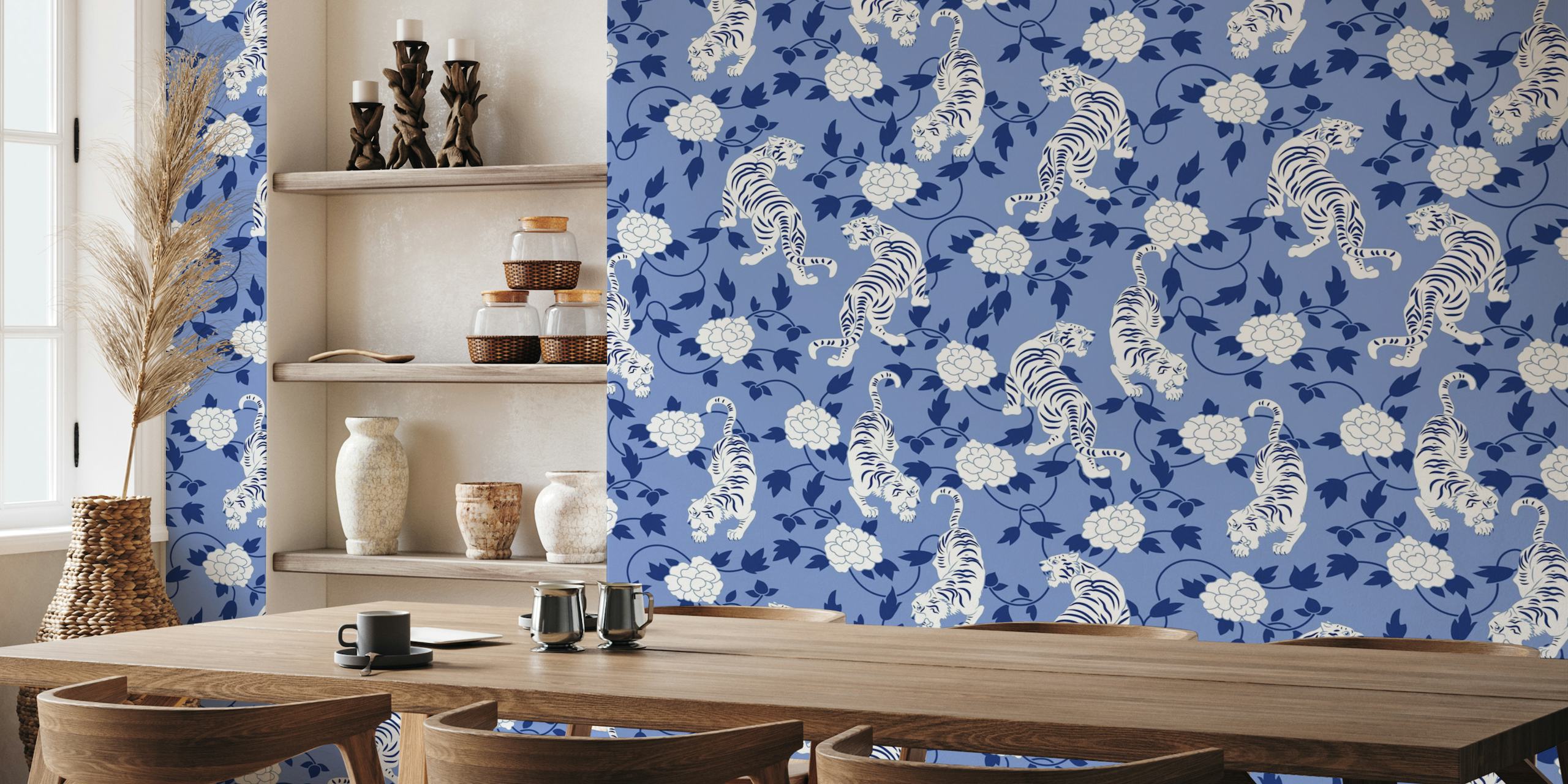 Blue Asian Chinoiserie wall mural with white tigers and florals