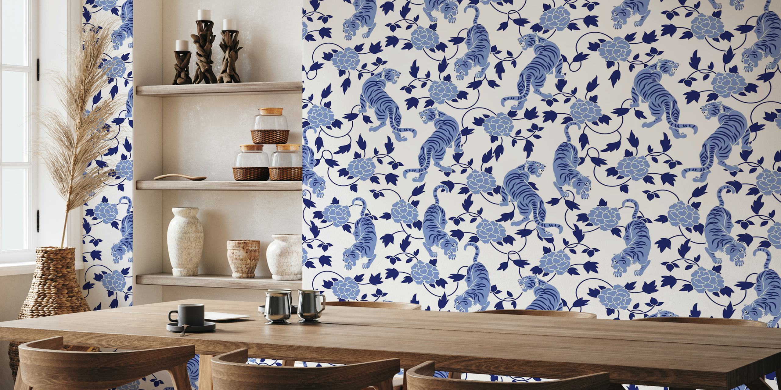 Sininen ja valkoinen chinoiserie-tapetti, jossa on Tigers