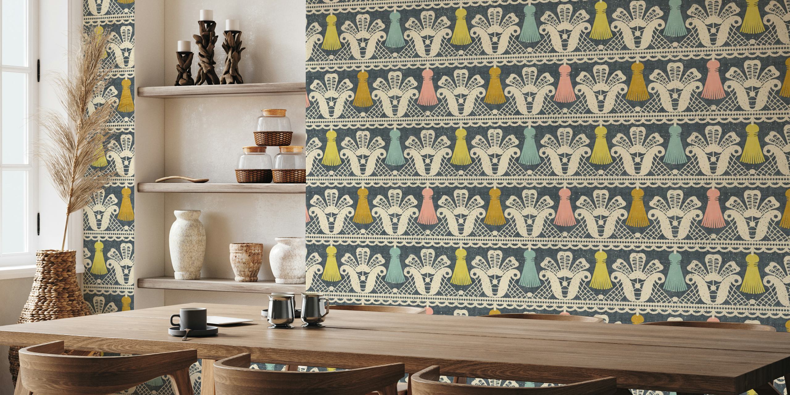 Colorful lace and tassels patterns on denim background wallpaper
