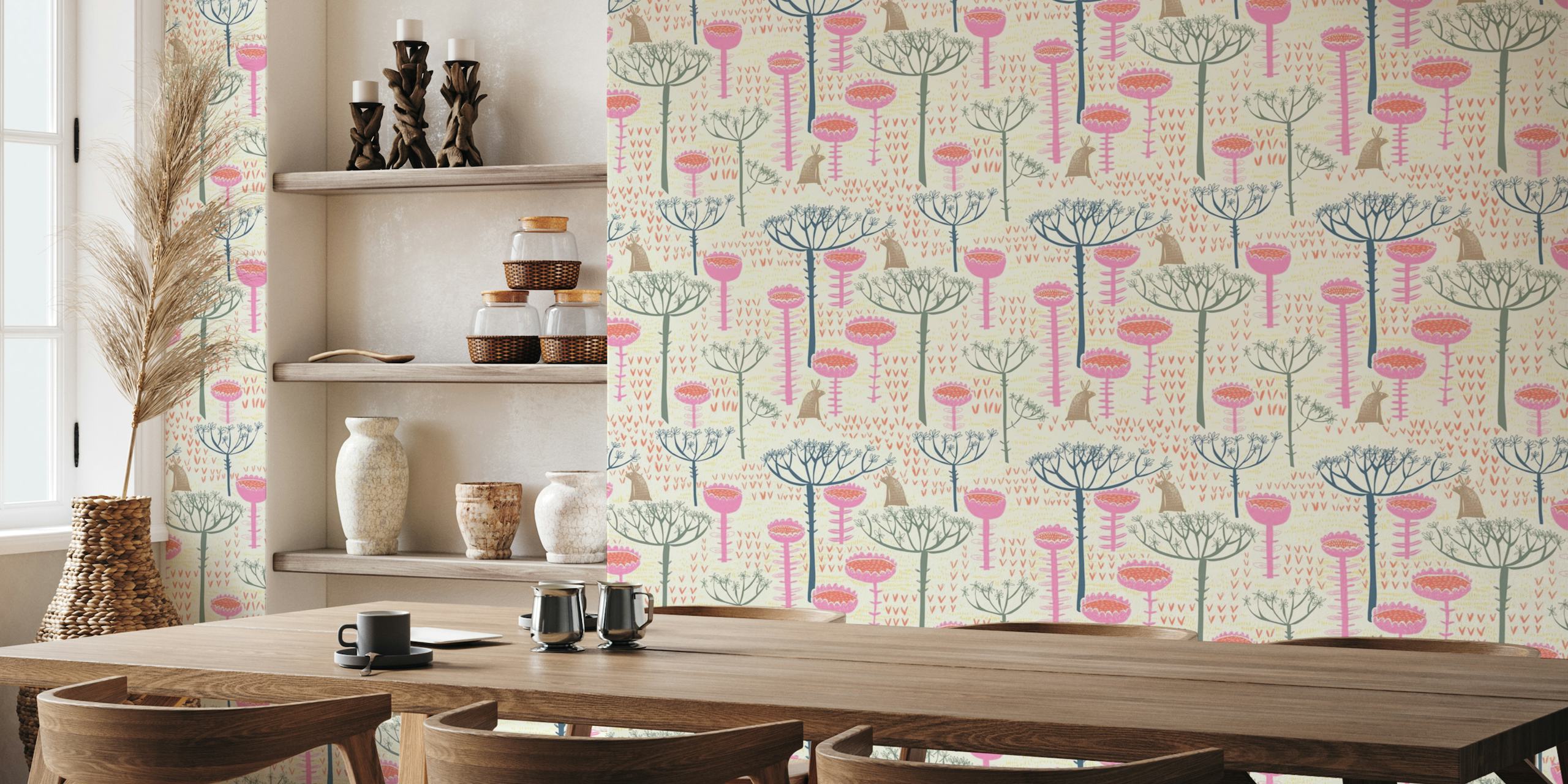 Block Print Scandinavian Meadow wall mural with stylized floral design in earthy tones.
