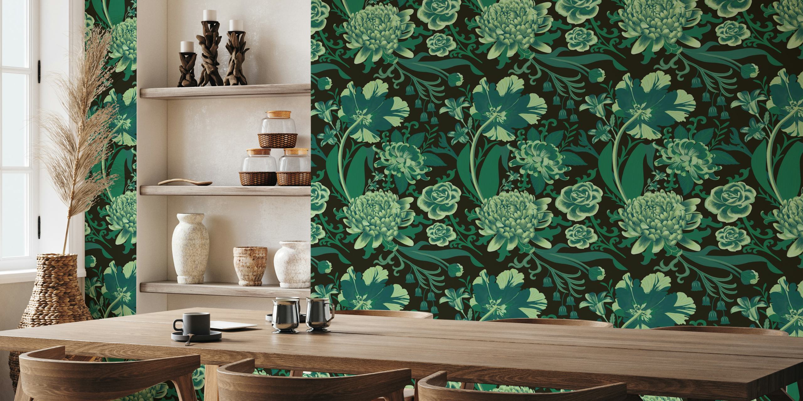 Rococo flowers in green papel de parede exibido em uma sala