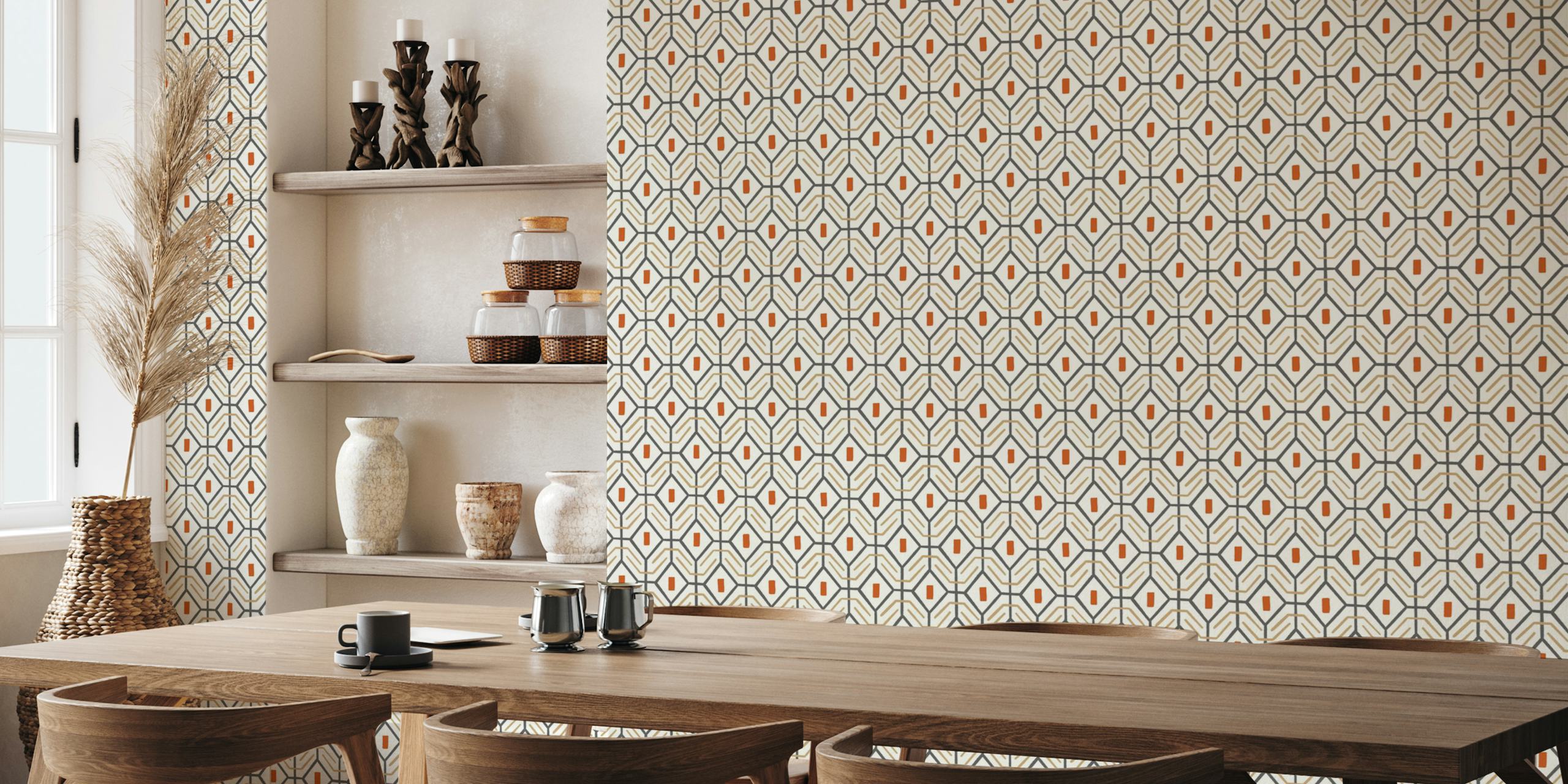 Geometric wall mural in neutral tones with burnt orange accents