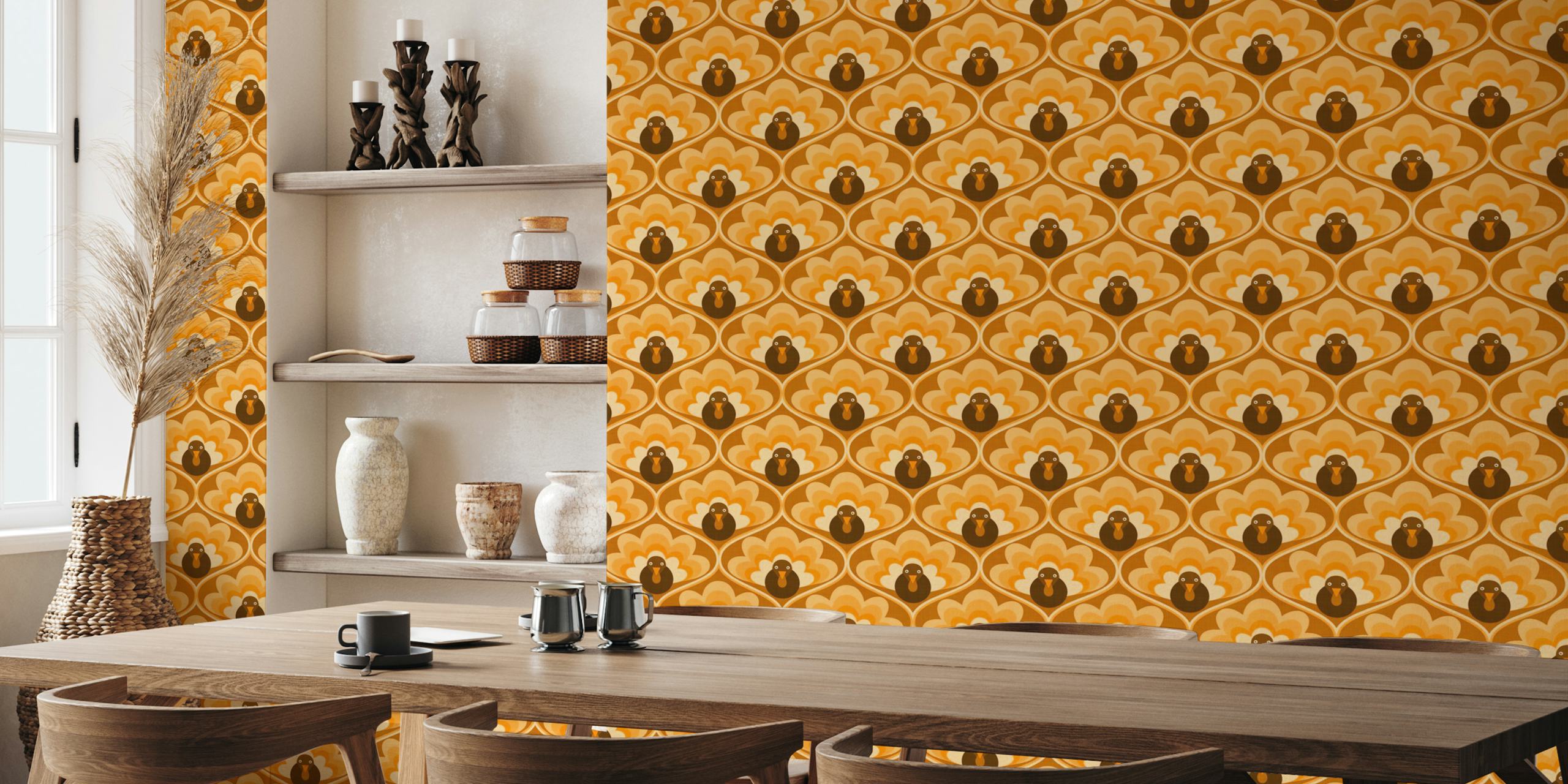 Vægmaleri i retrostil med geometriske former og stiliserede fugle i brun, orange og creme