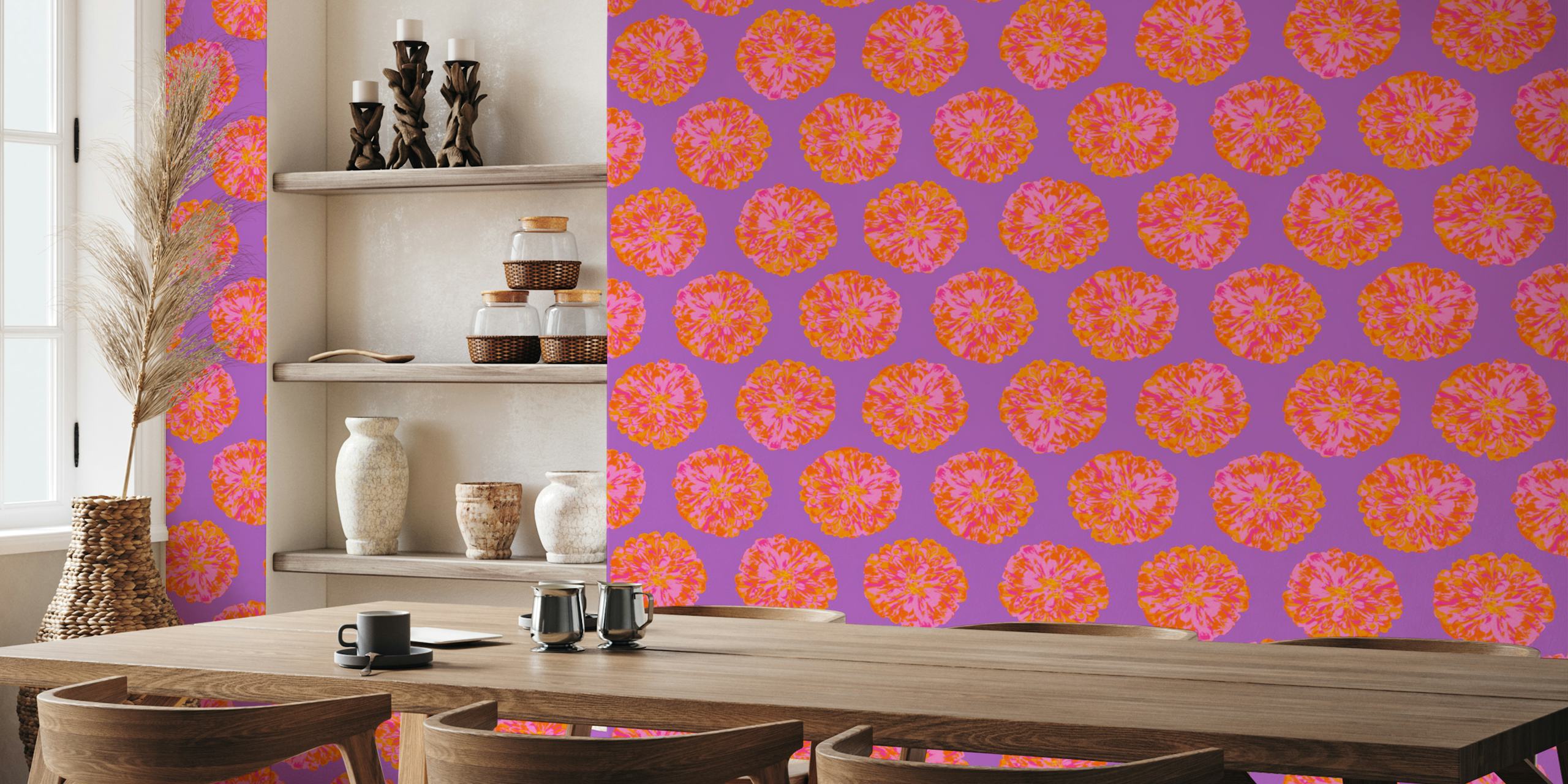 Floral wallpaper design in orange and violet