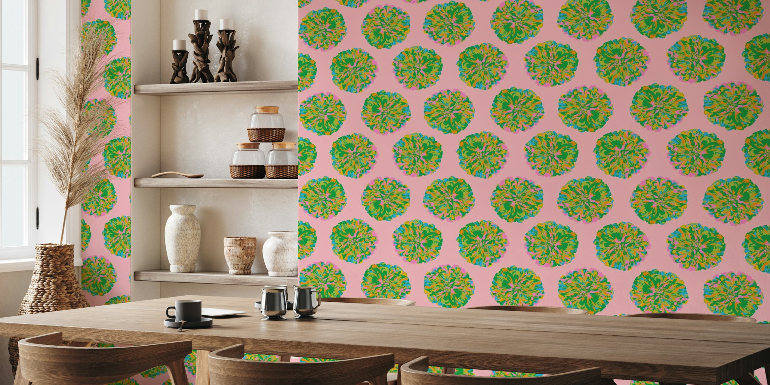 CHRYSANTHEMUMS Abstract Floral Green Pink wallpaper