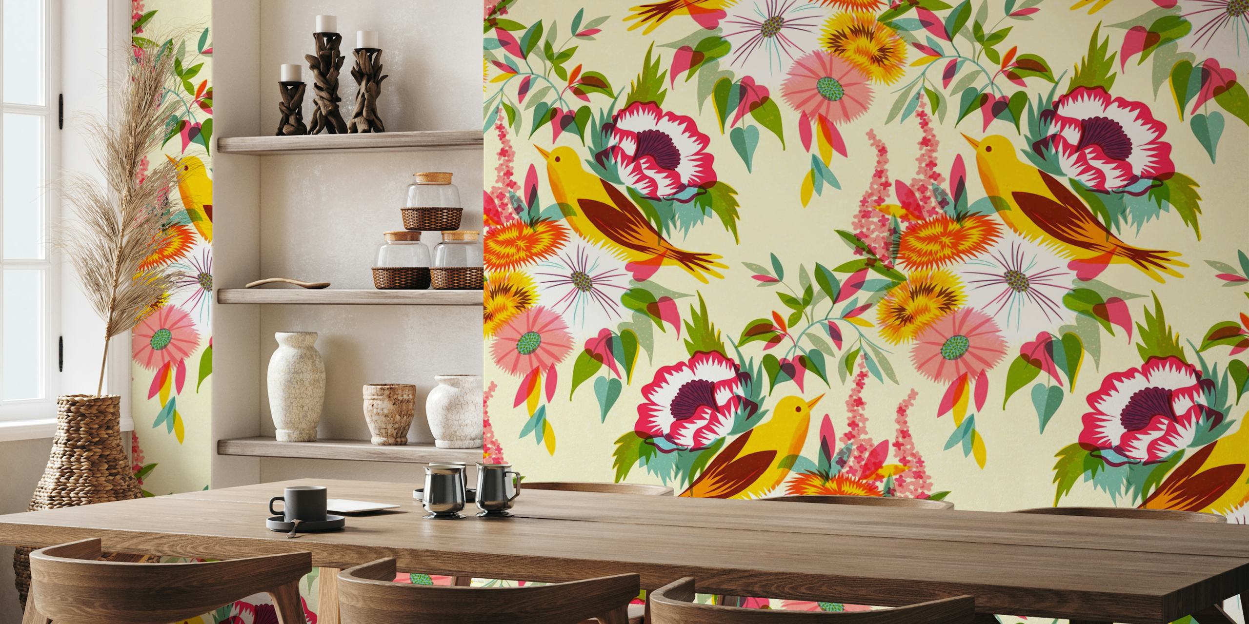 Pirol in a flower garden wallpaper