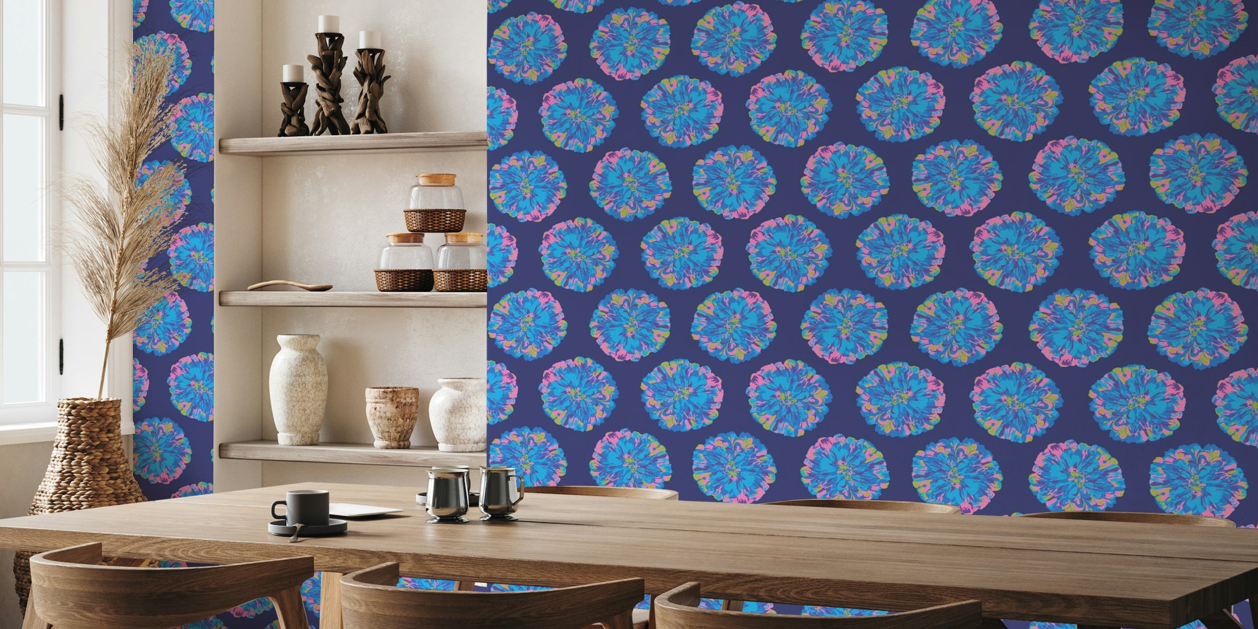 CHRYSANTHEMUMS Abstract Floral Dark Blue wallpaper