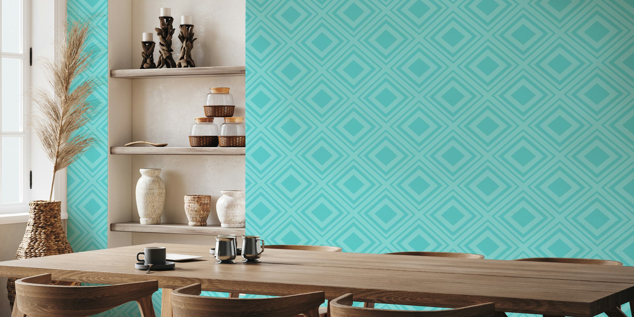 Geometrische blauwe kruispatroon muurschildering