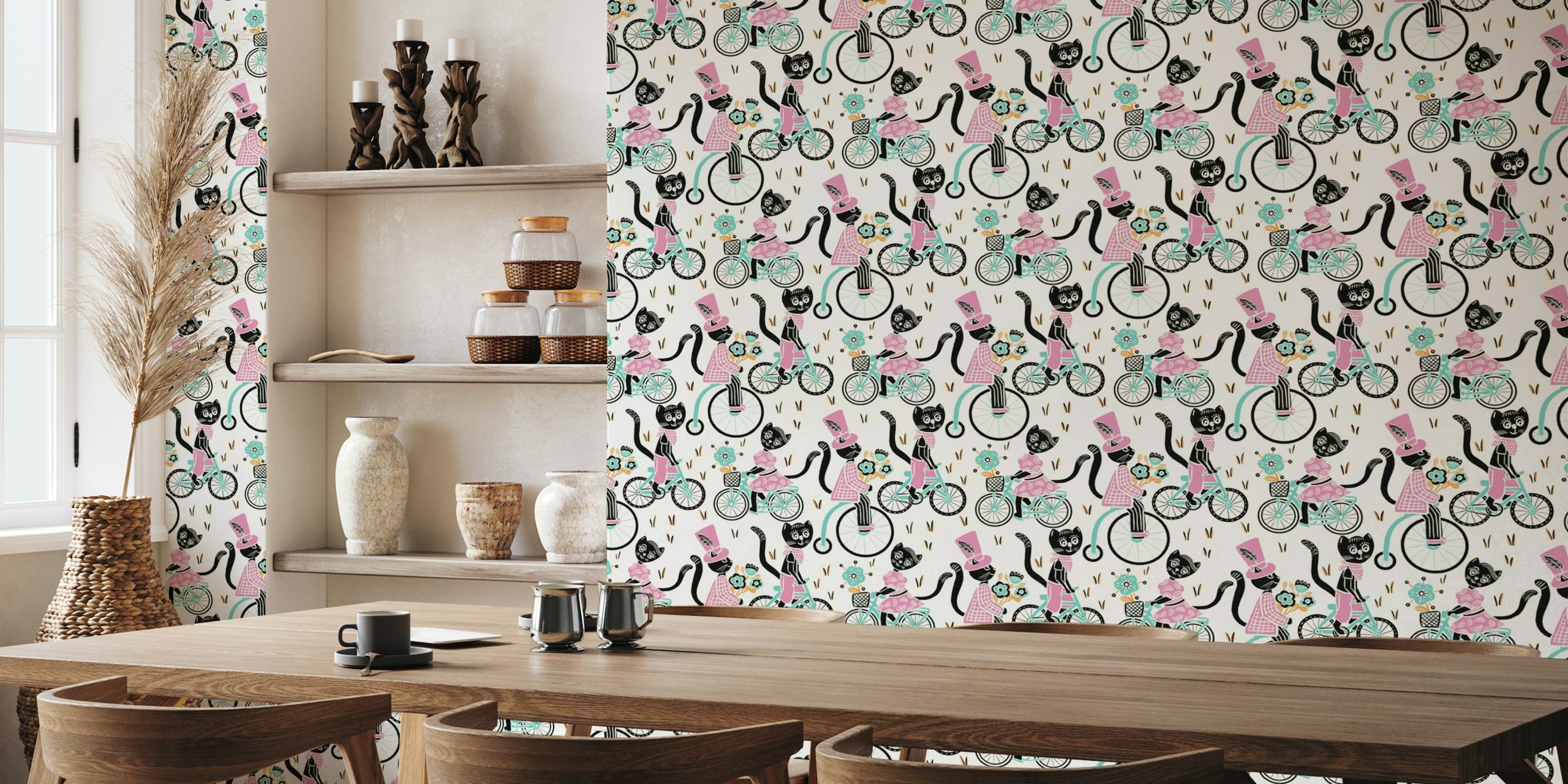 Cats on Bikes: Fun Mint Green and Pastel Pink wallpaper