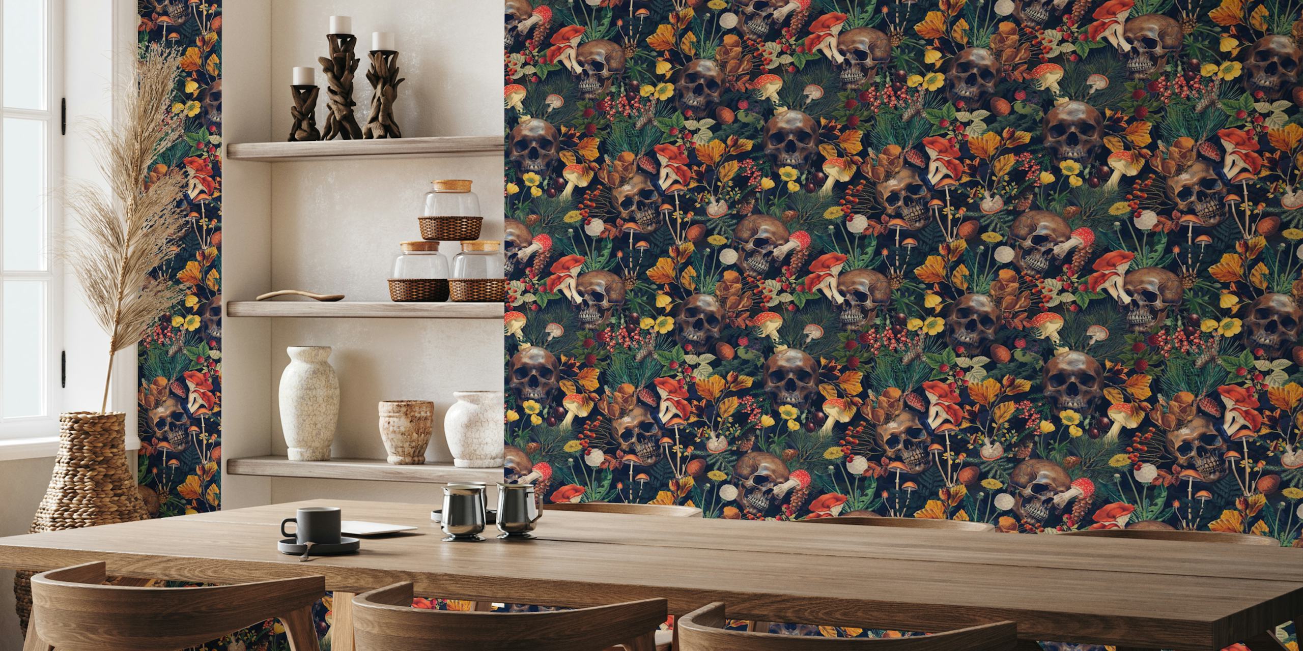 Mystic Forest wallpaper with skulls and mushrooms