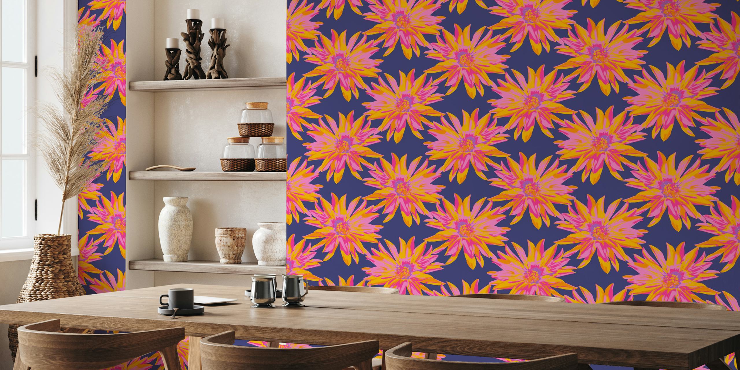 Bold pink dahlias on dark blue background wallpaper