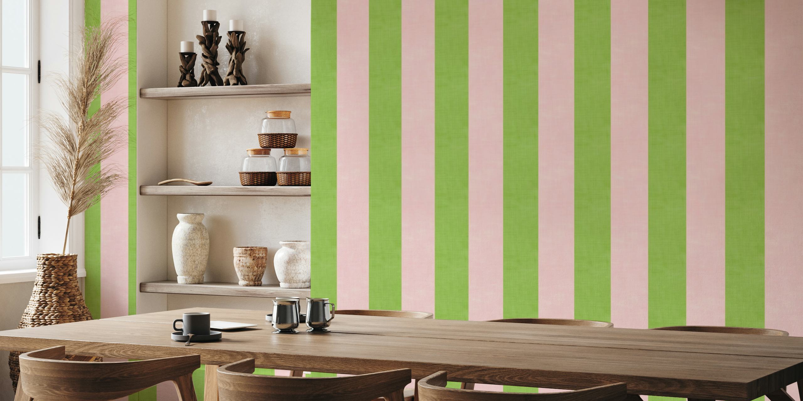 Blush pink and grass green striped wall mural
