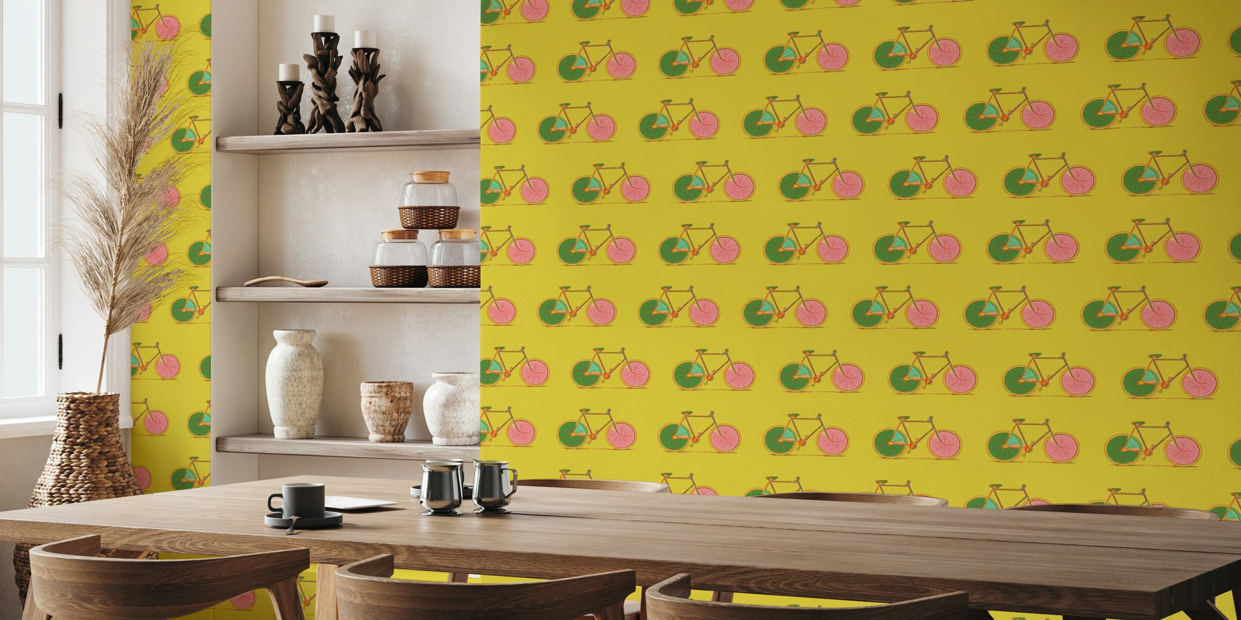 Lime yellow wall mural with a pattern of bicycles
