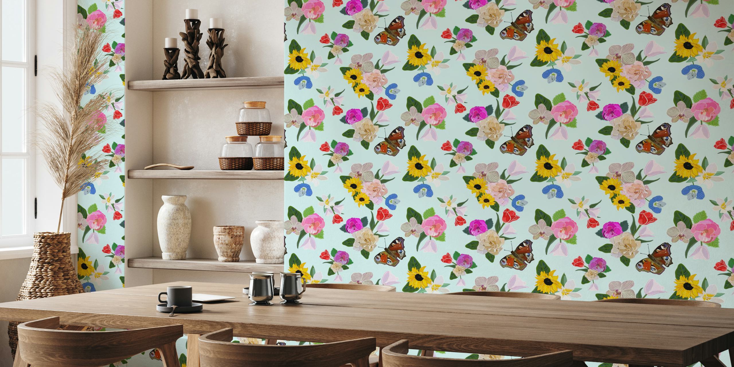 Floral pattern featuring tulips, sunflowers, and a butterfly on a light blue background wallpaper