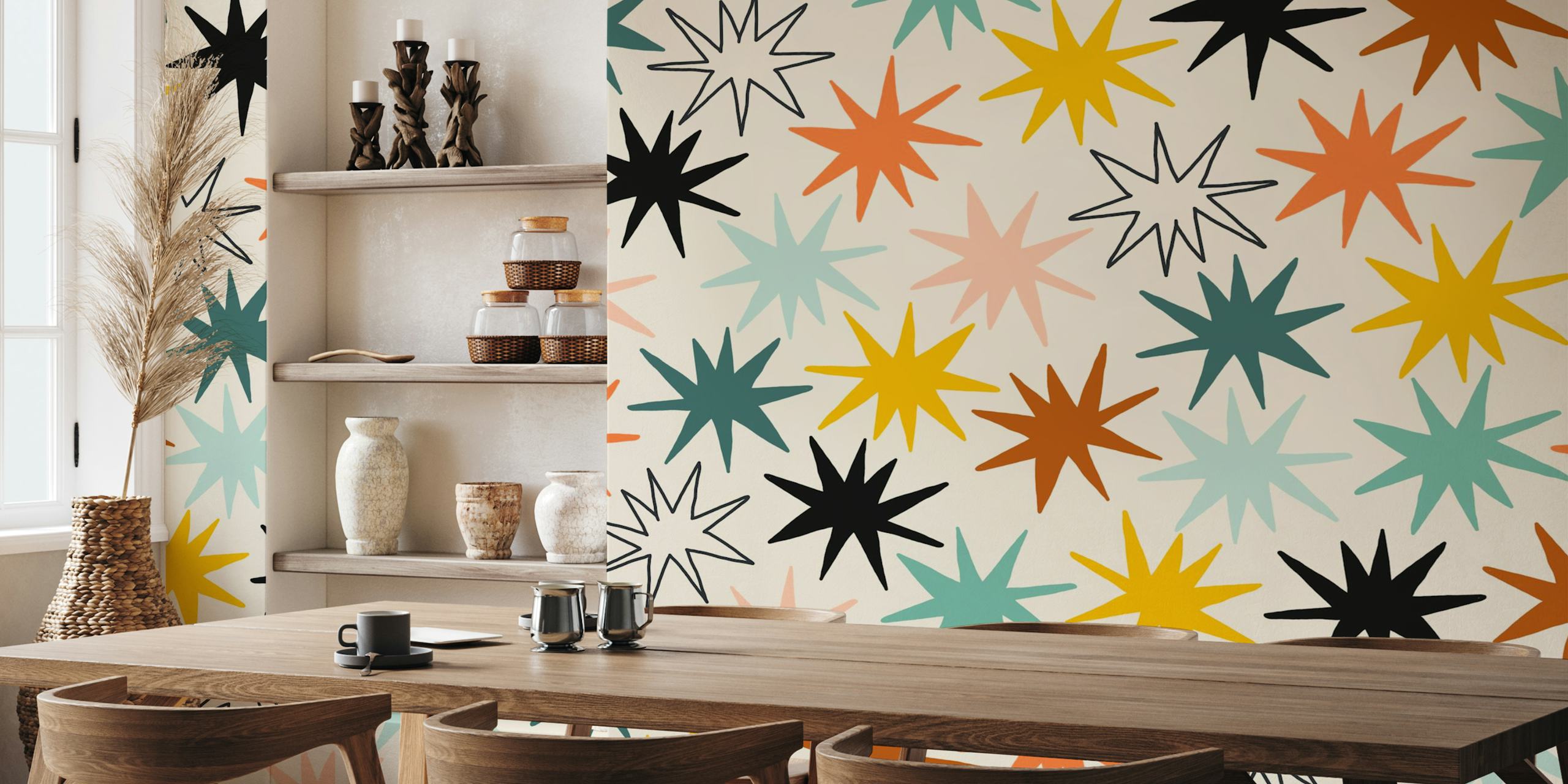 Colorful star pattern with teal, orange, yellow, and black shapes wallpaper