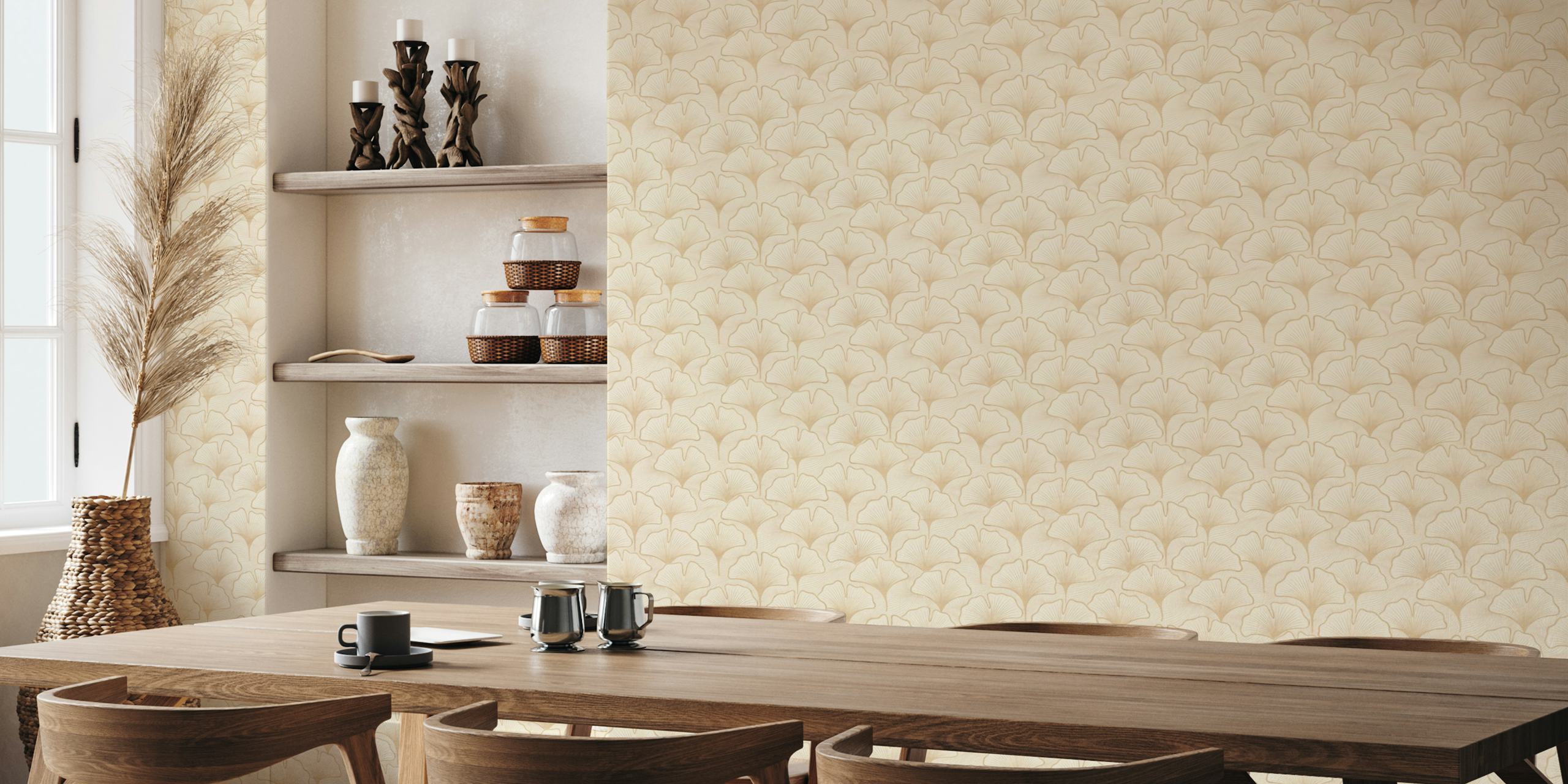 Stylized ginkgo leaves pattern in beige wallpaper