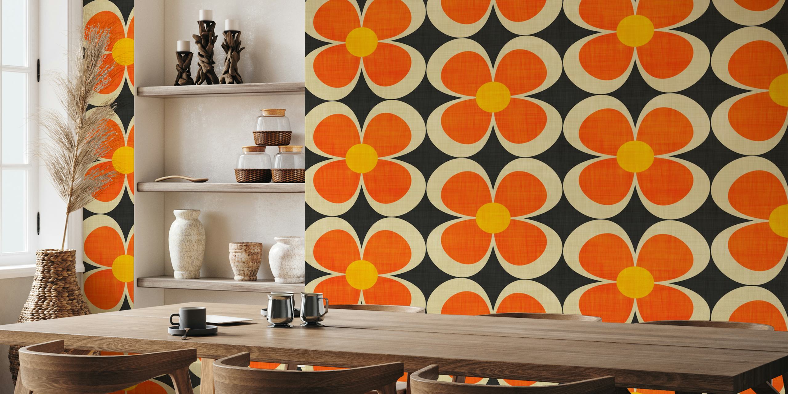 Groovy orange floral pattern with yellow details on brown wallpaper