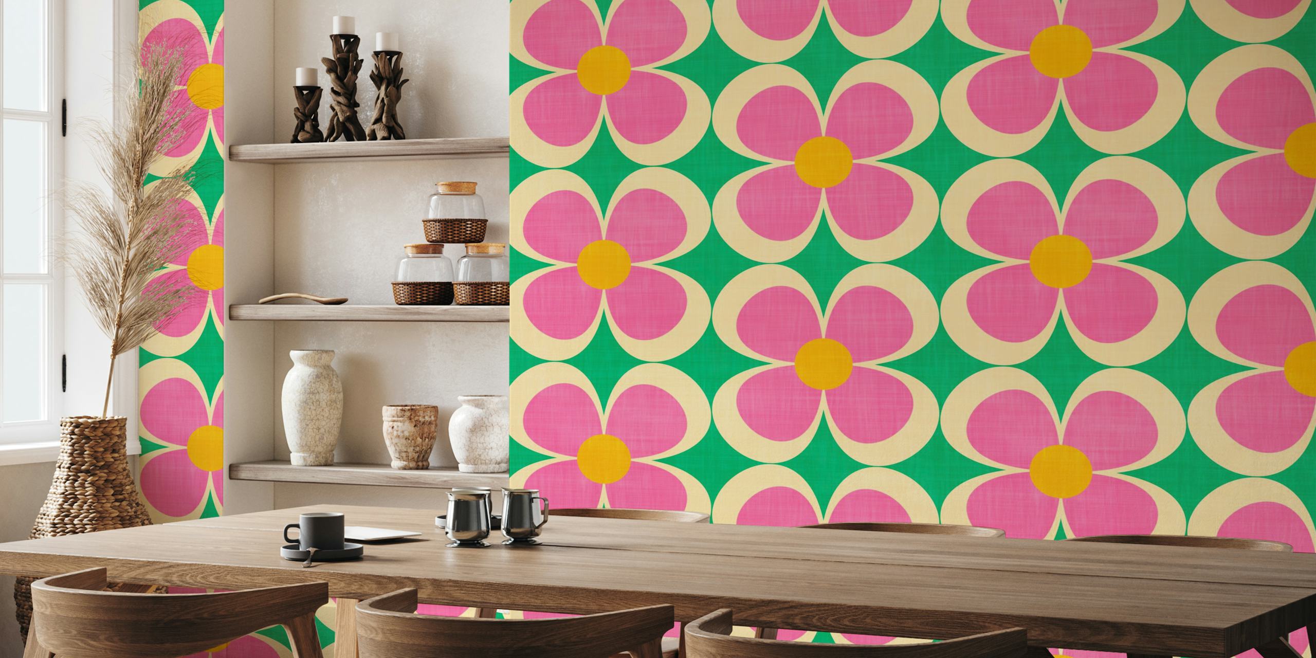Geometrische Blumen-Tapete im Retro-Stil in Rosa und Grün