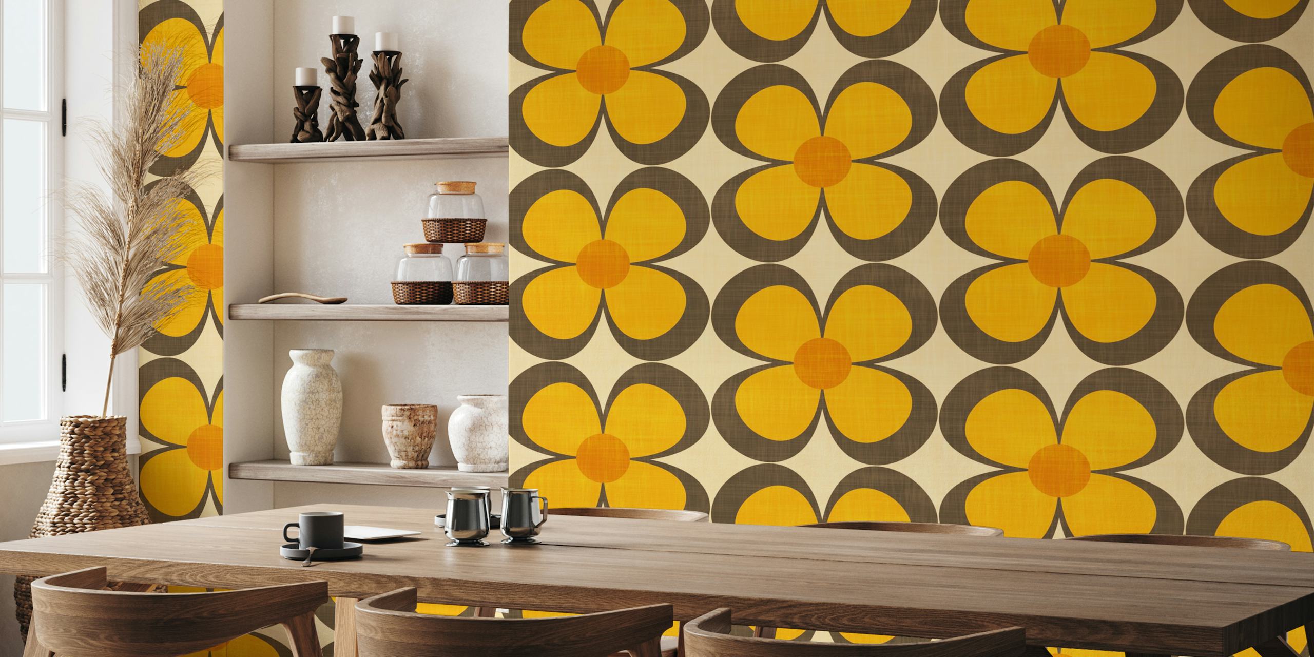 Geometric floral pattern in yellow and brown wallpaper