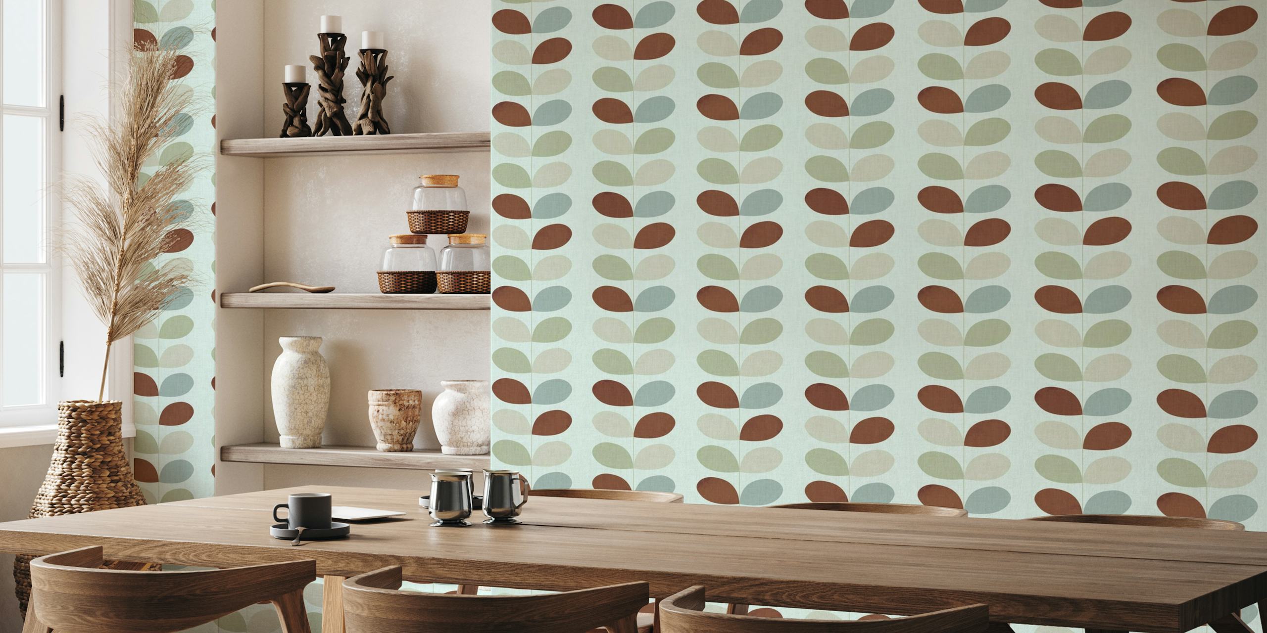 Mid Century Leaves Mint Chocolate wall mural with stylized leaves in mint, chocolate, and grey hues against a cream background.