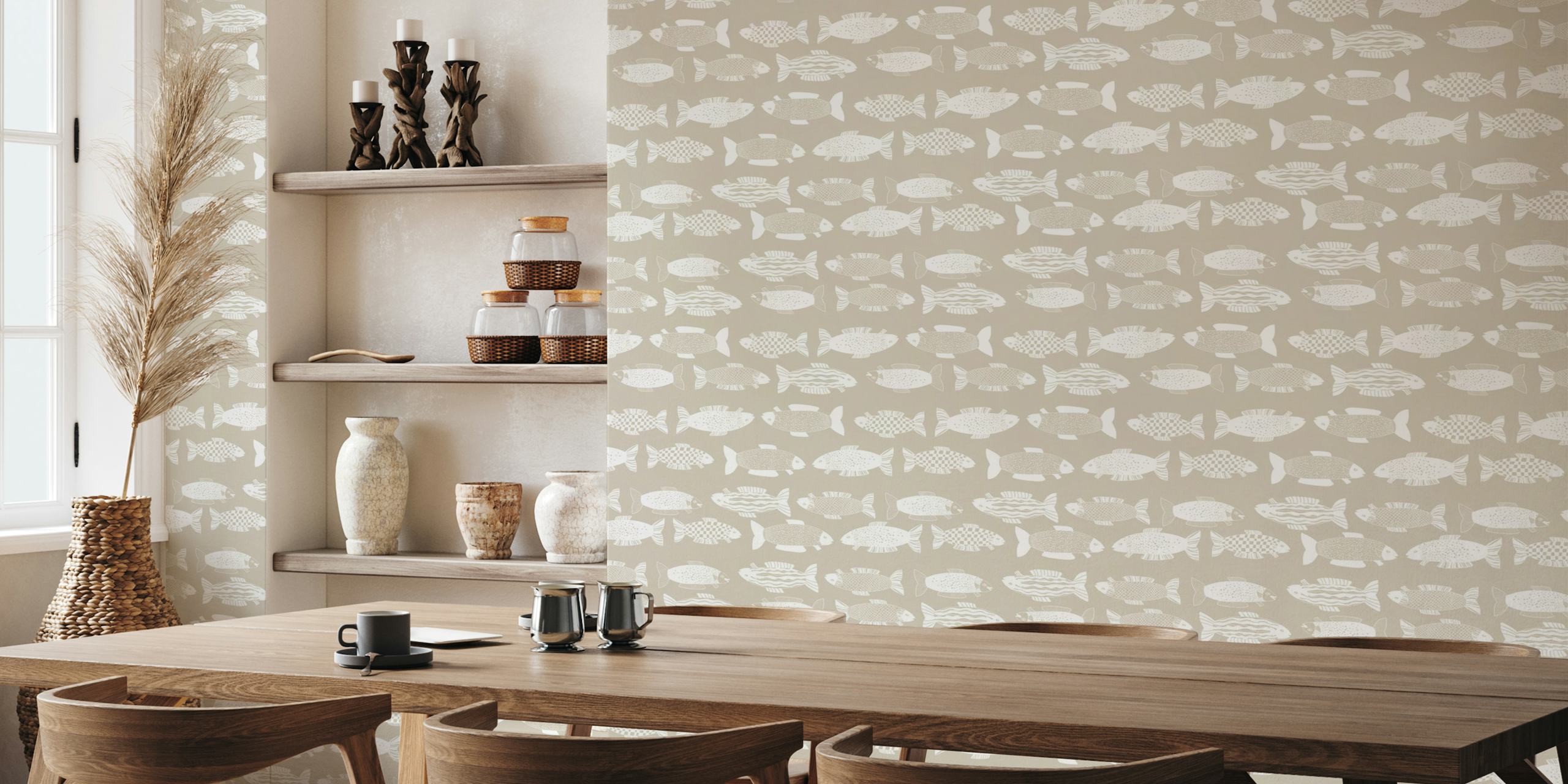 White fish patterns on a beige background wallpaper