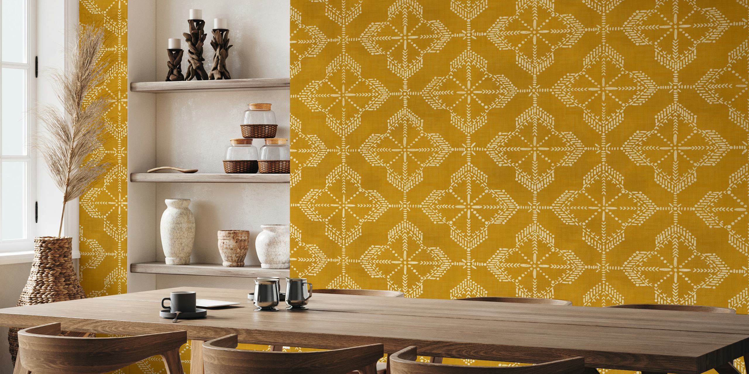 Mustard yellow boho tiles wallpaper in a room