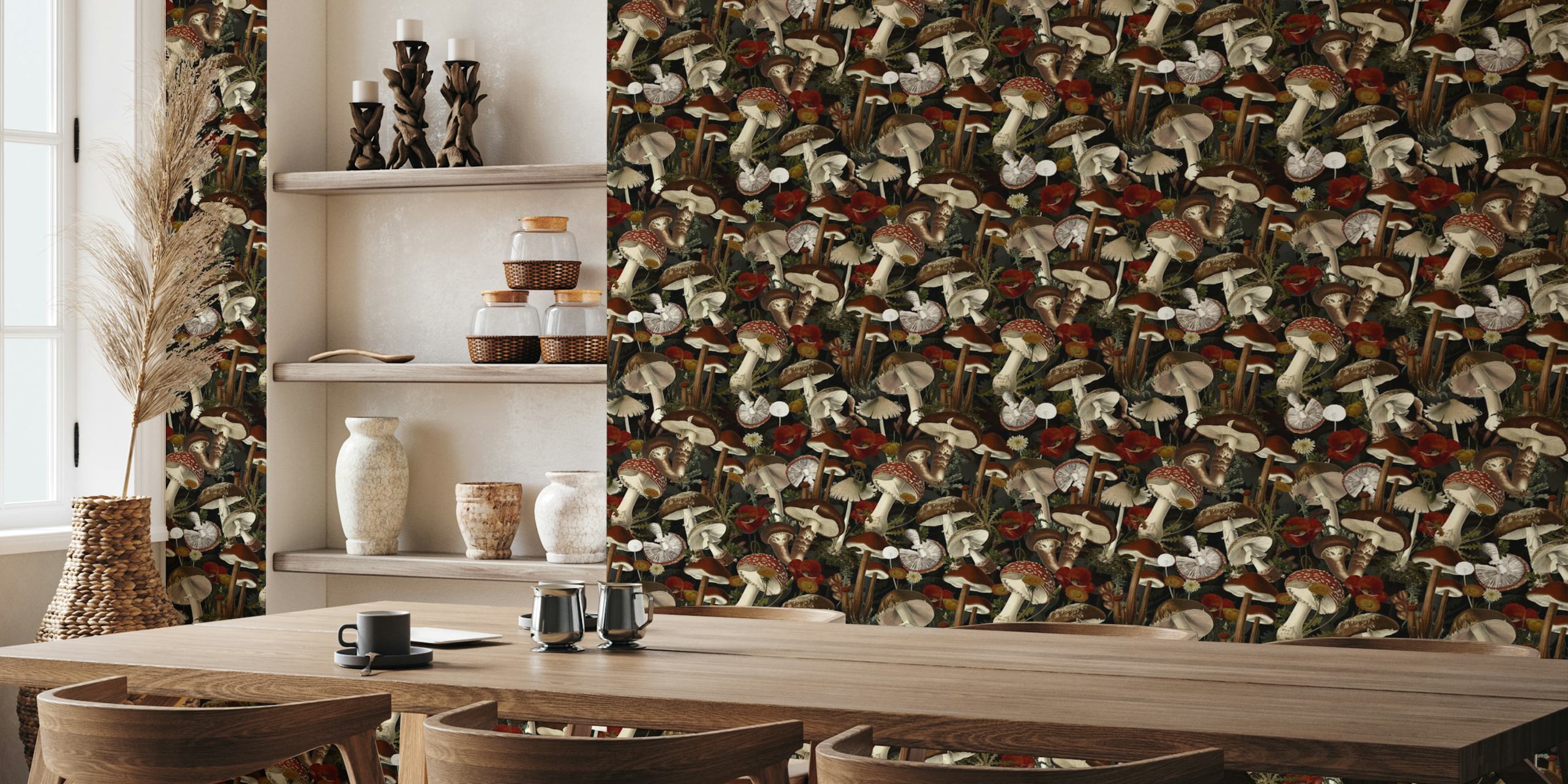 Mushroom and flower patterns in dark colors wallpaper